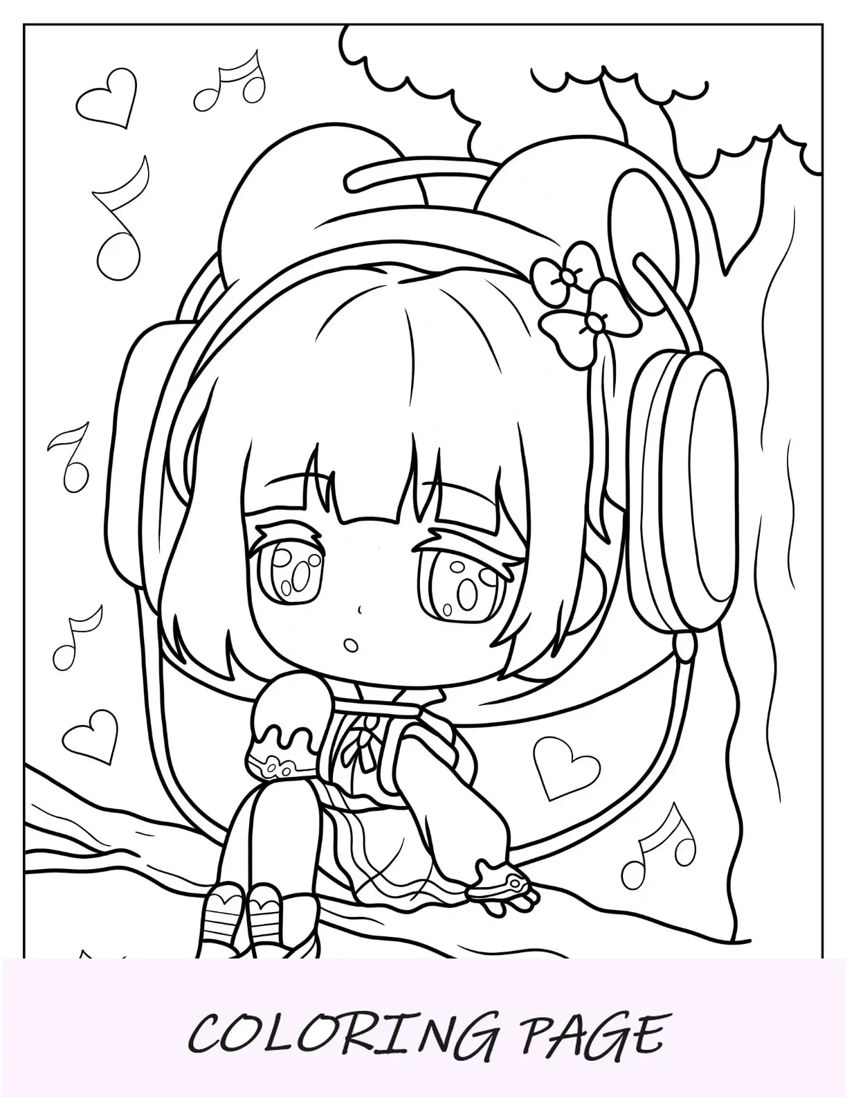 Página para colorear de Chibi de niña con un lindo vestido con flores