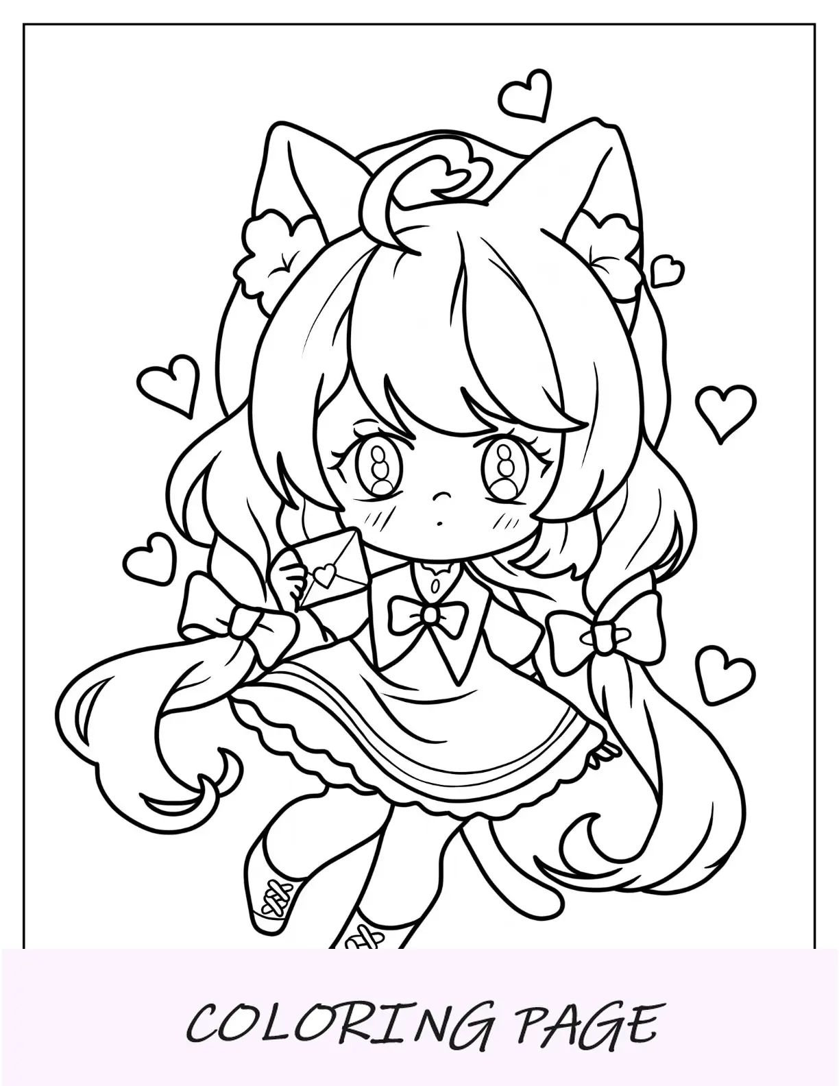 Página para colorear de Chibi de niña curiosa con gato