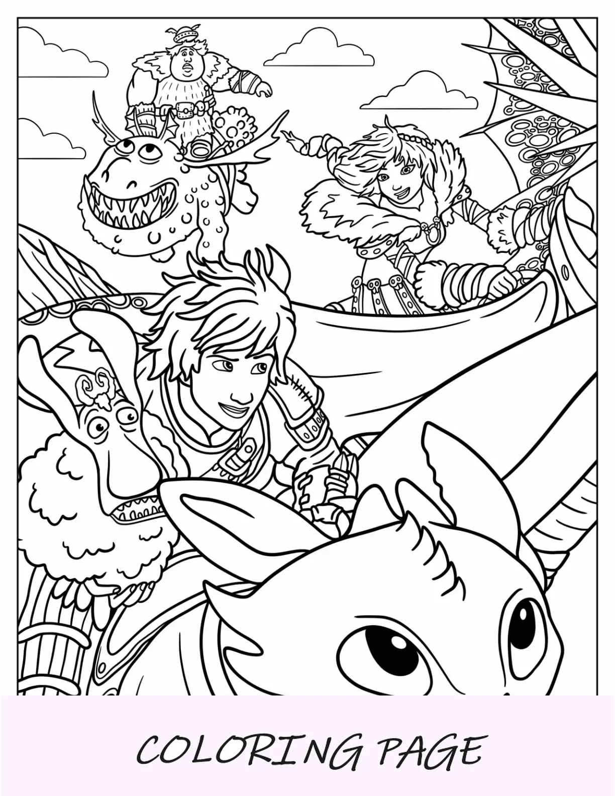 Come addestrare il tuo drago Pagina da colorare di Hiccup, Astrid e i suoi amici nel cielo