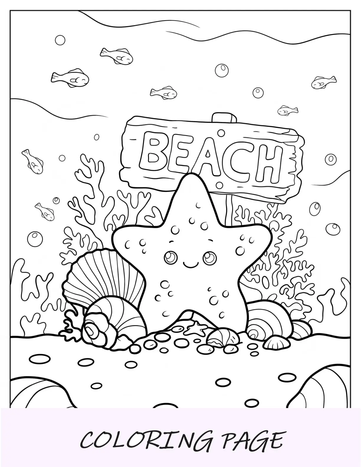 Página para colorear de verano de dibujos animados de estrellas de mar bajo el agua con cartel de playa