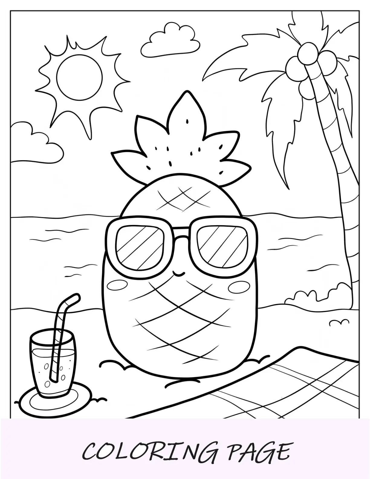 Página para colorear de verano de piña simple con gafas de sol en la playa para niños