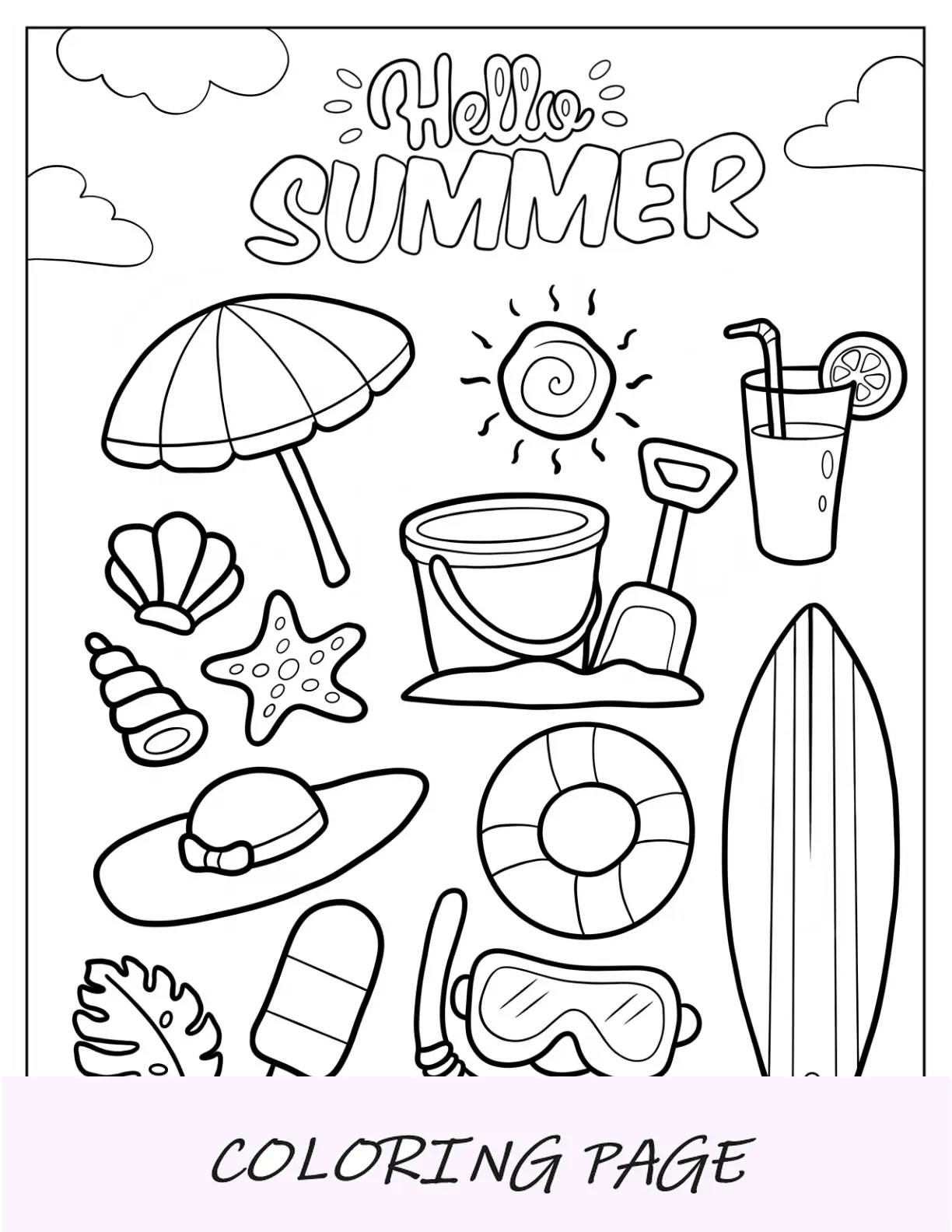 Página para colorear de verano de Hola verano con sombrilla de playa, cóctel, estrella de mar, tabla de surf, salvavidas y paleta helada