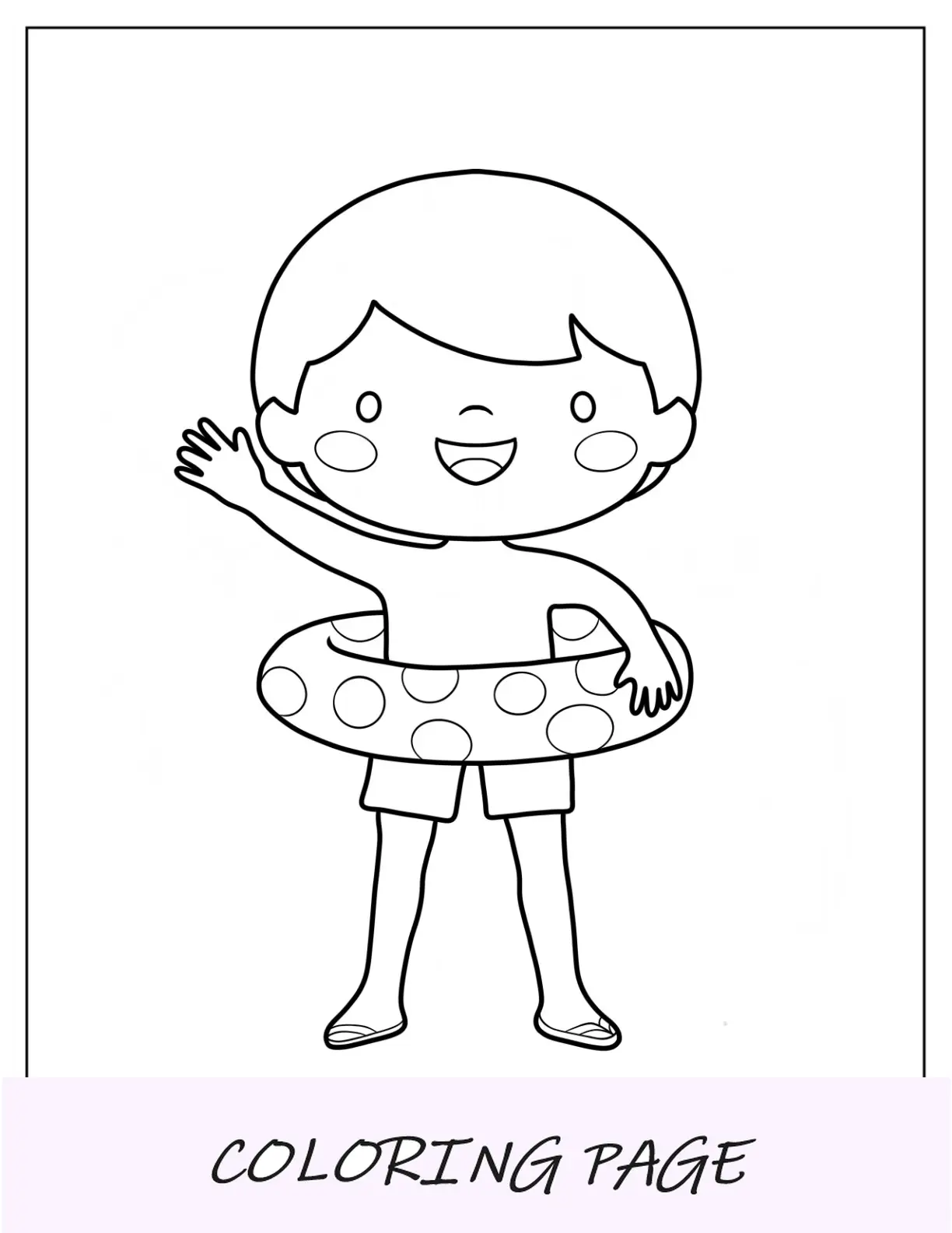 Página para colorear de verano de niño pequeño con flotador de lunares
