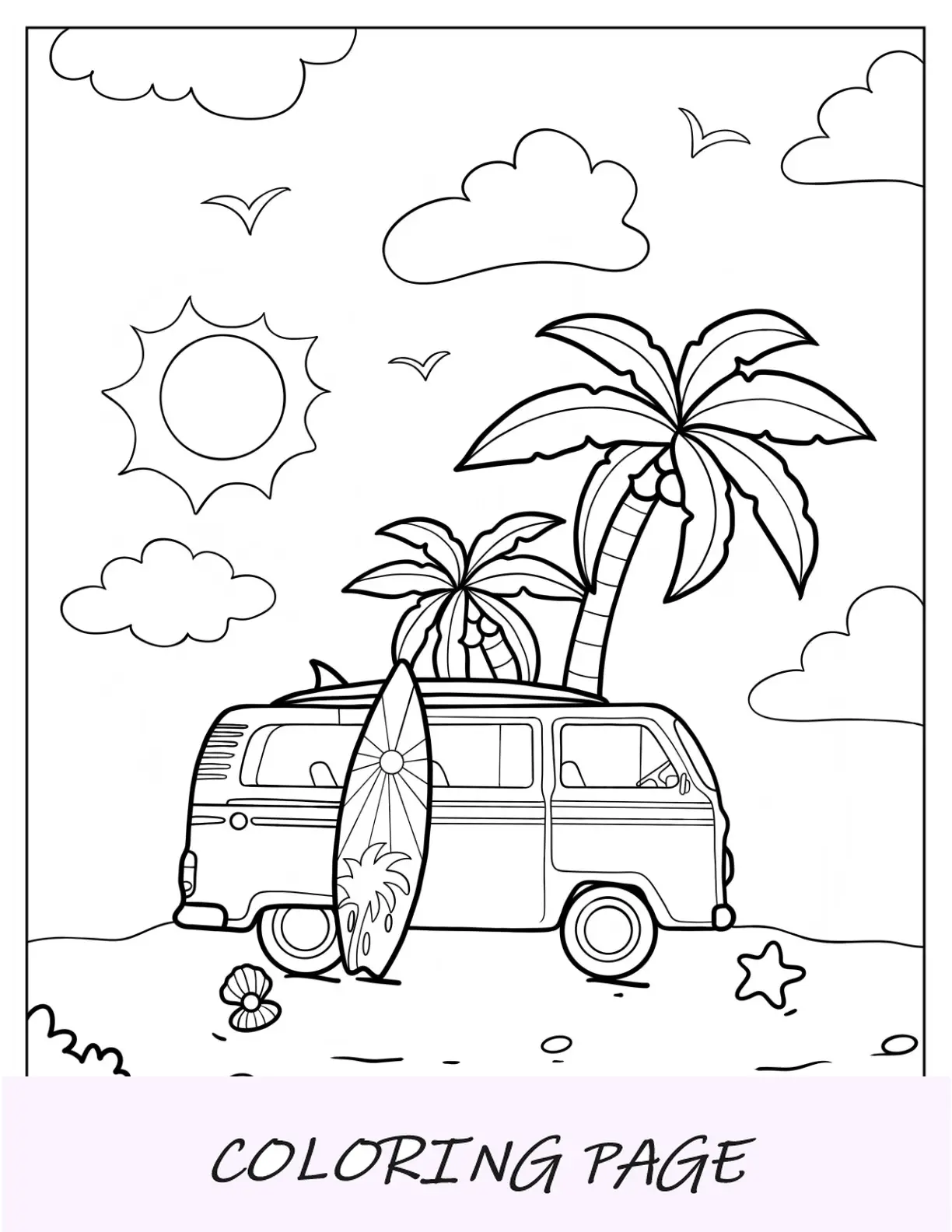 Página para colorear de verano de una furgoneta Volkswagen con tabla de surf y cocotero en el verano