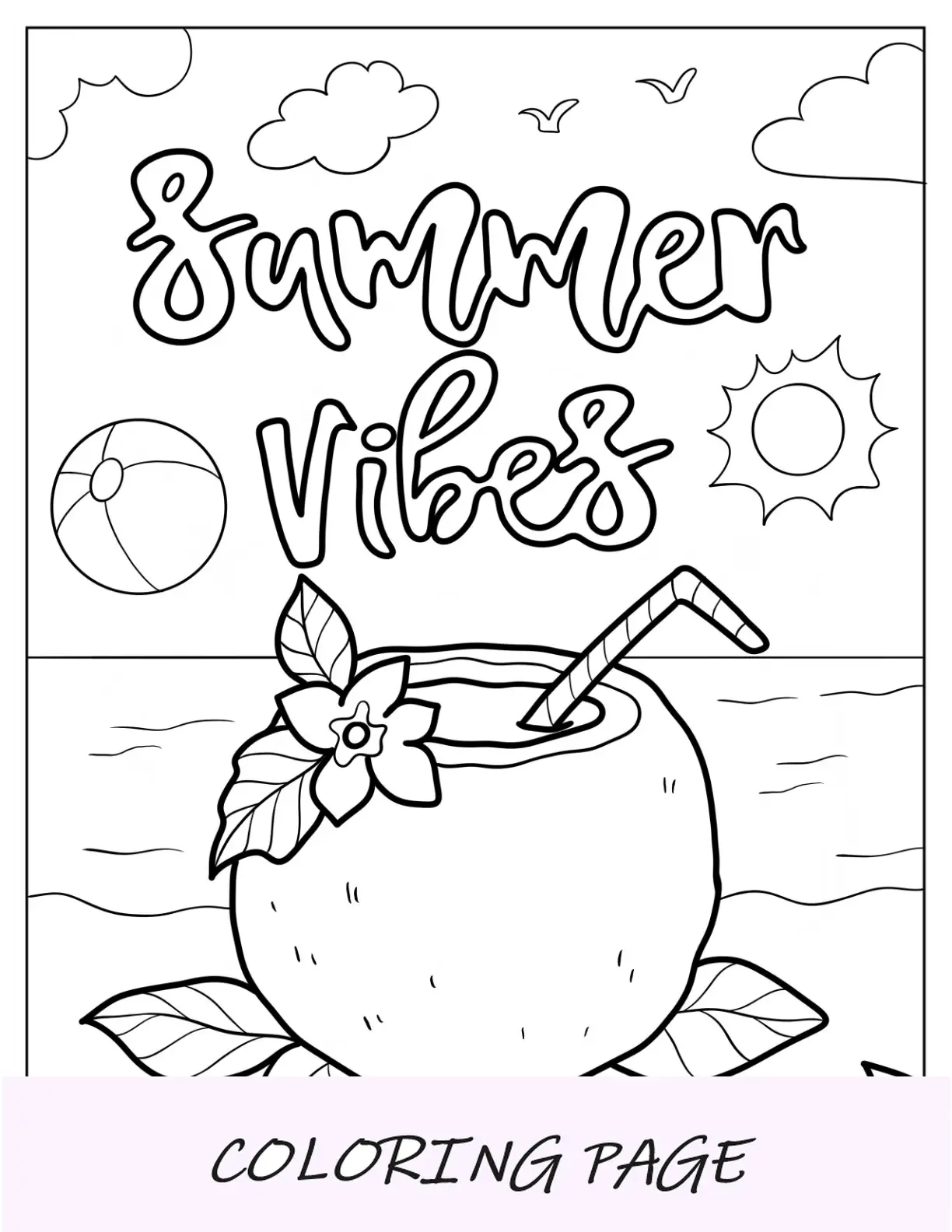 Página para colorear de verano de vibraciones de verano con bebida de coco en la playa