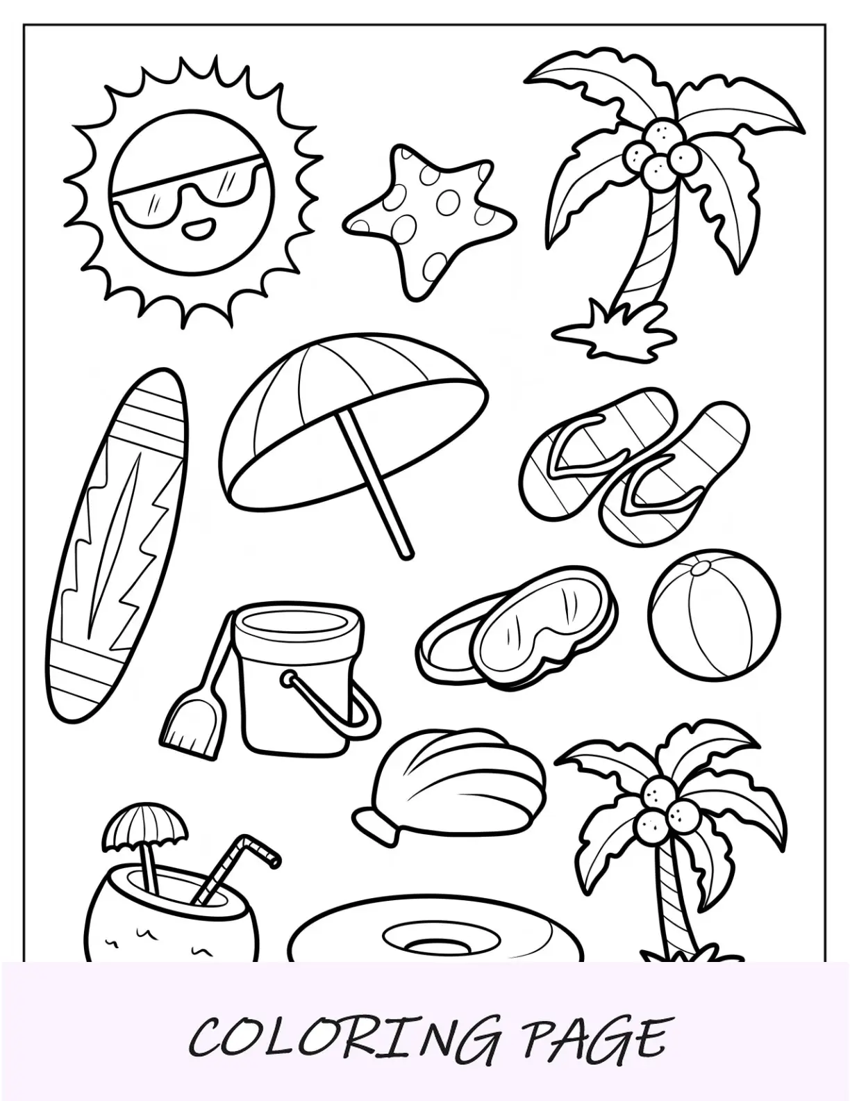 Página para colorear de verano con un esquema simple de sol de verano, cocotero, chanclas, estrella de mar, tabla de surf y pelota de playa para niños