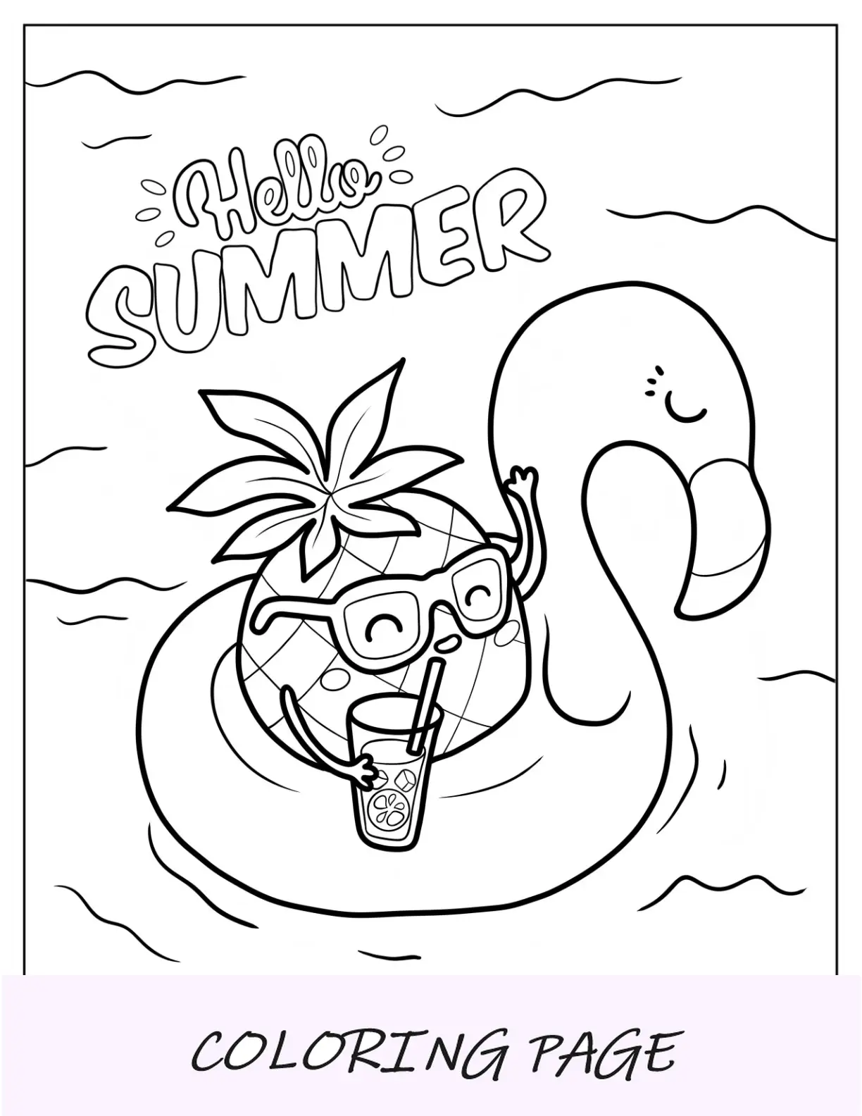 Página para colorear de verano de Hola Verano, piña en un flotador de cisne con bebidas