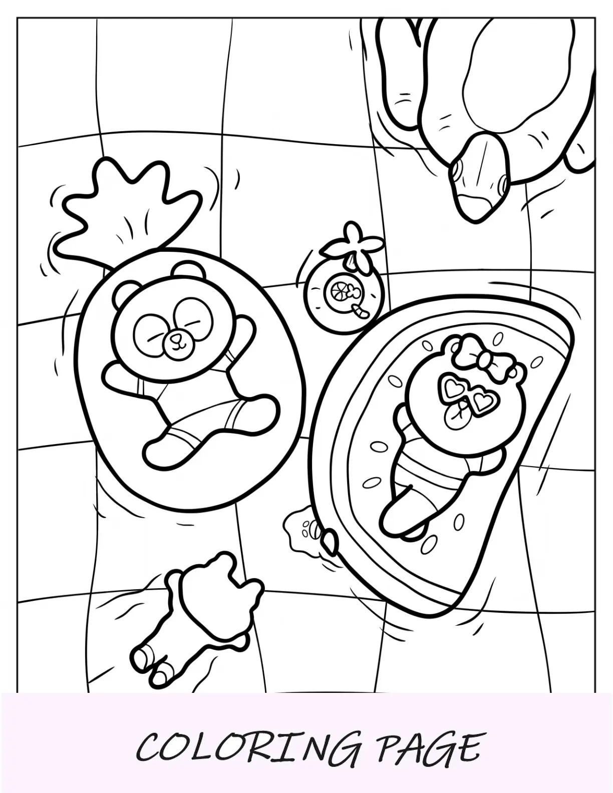Página para colorear de verano de lindos animales de dibujos animados relajándose en inflables de frutas
