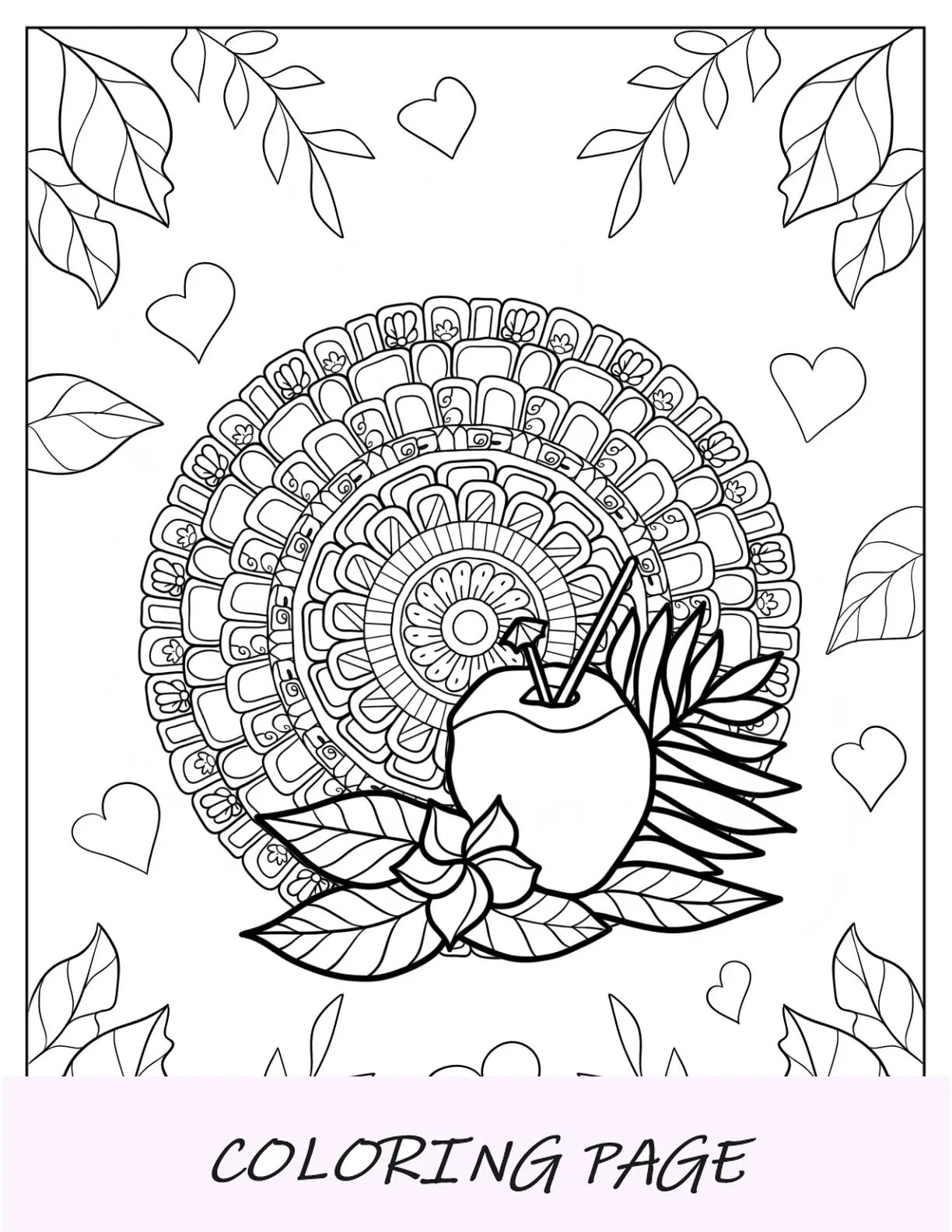 Página para colorear de verano de bebida de coco con mandala floral