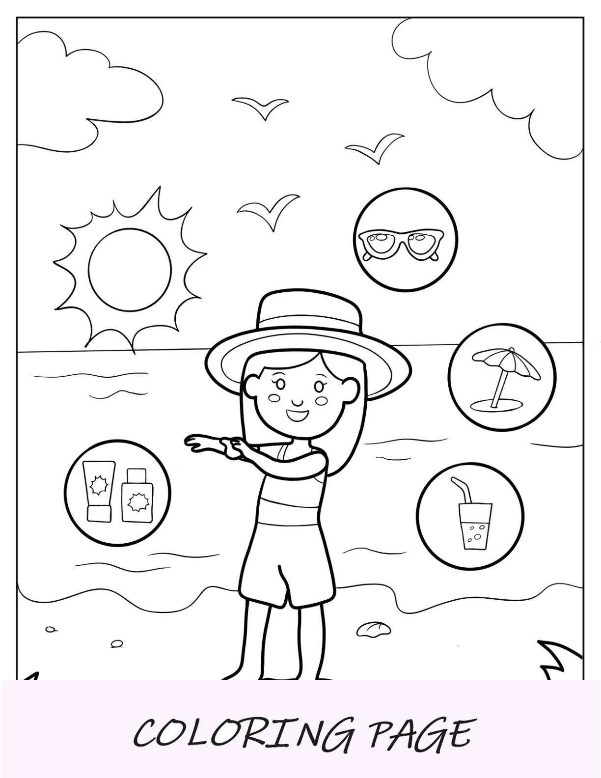 Página para colorear de verano de una mujer aplicándose protector solar en la playa