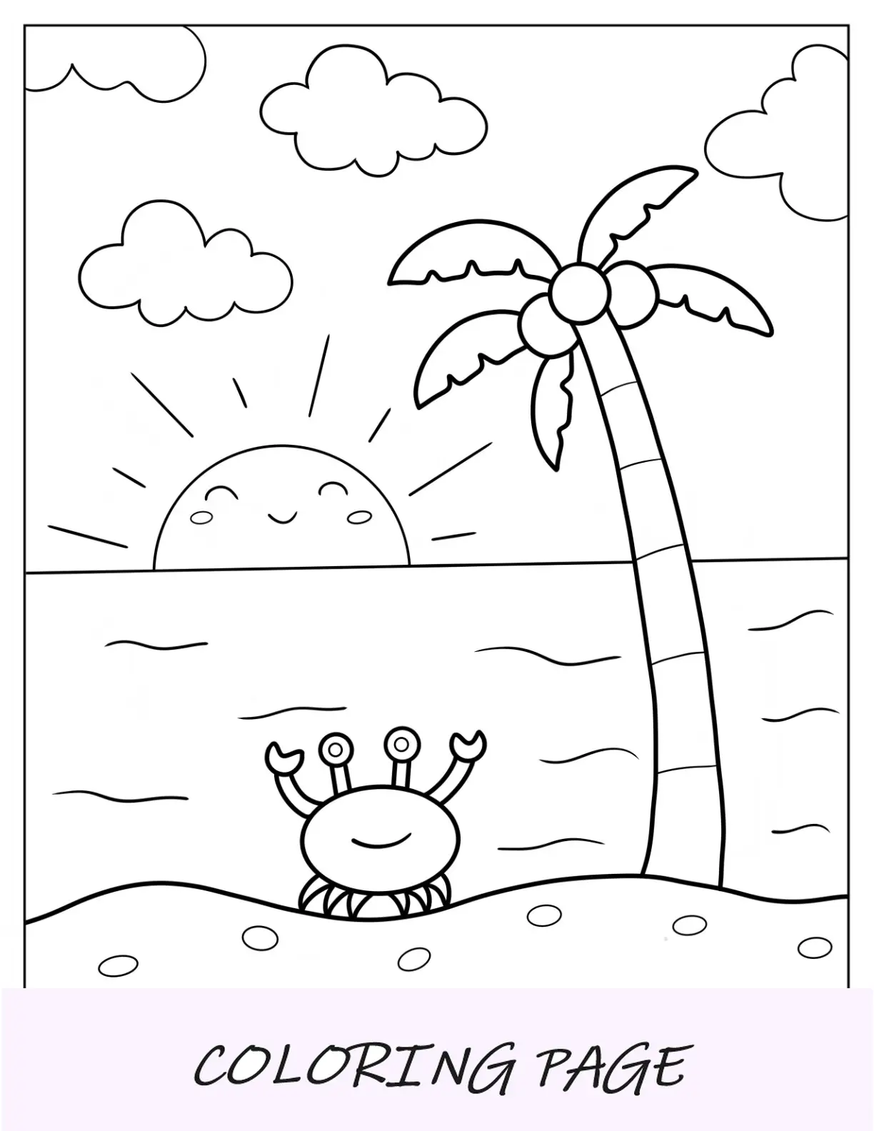 Página para colorear de verano de cangrejo en una playa con cocoteros