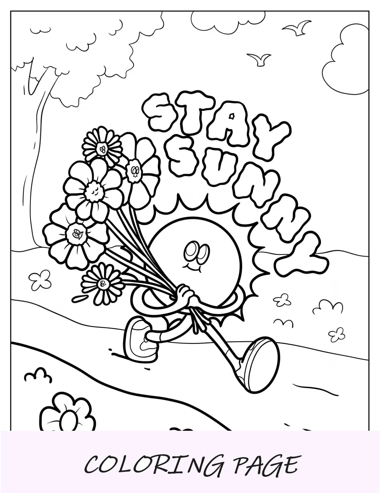 Página para colorear de verano del sol con un ramo de flores para niños