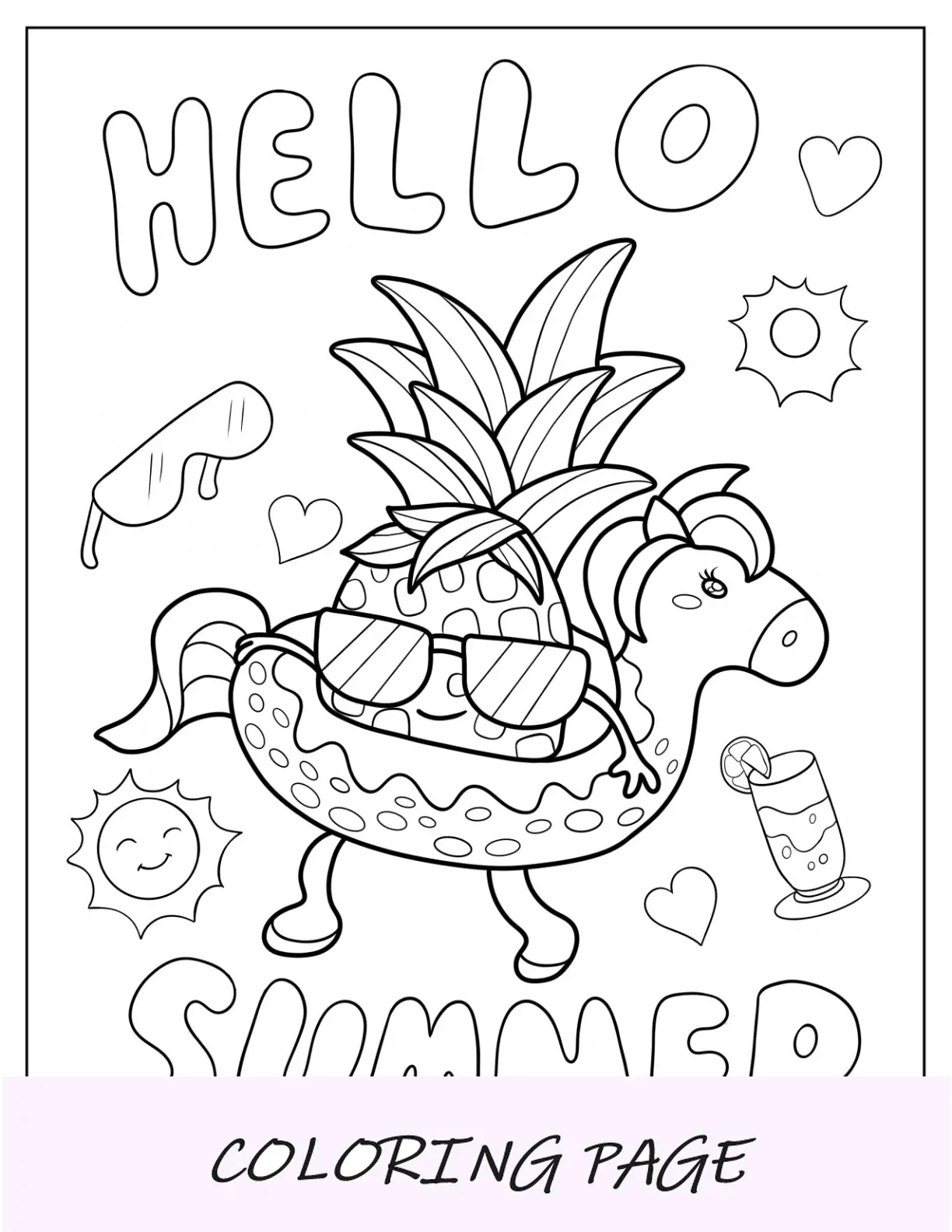 Página para colorear de verano de piña corriendo hacia la playa