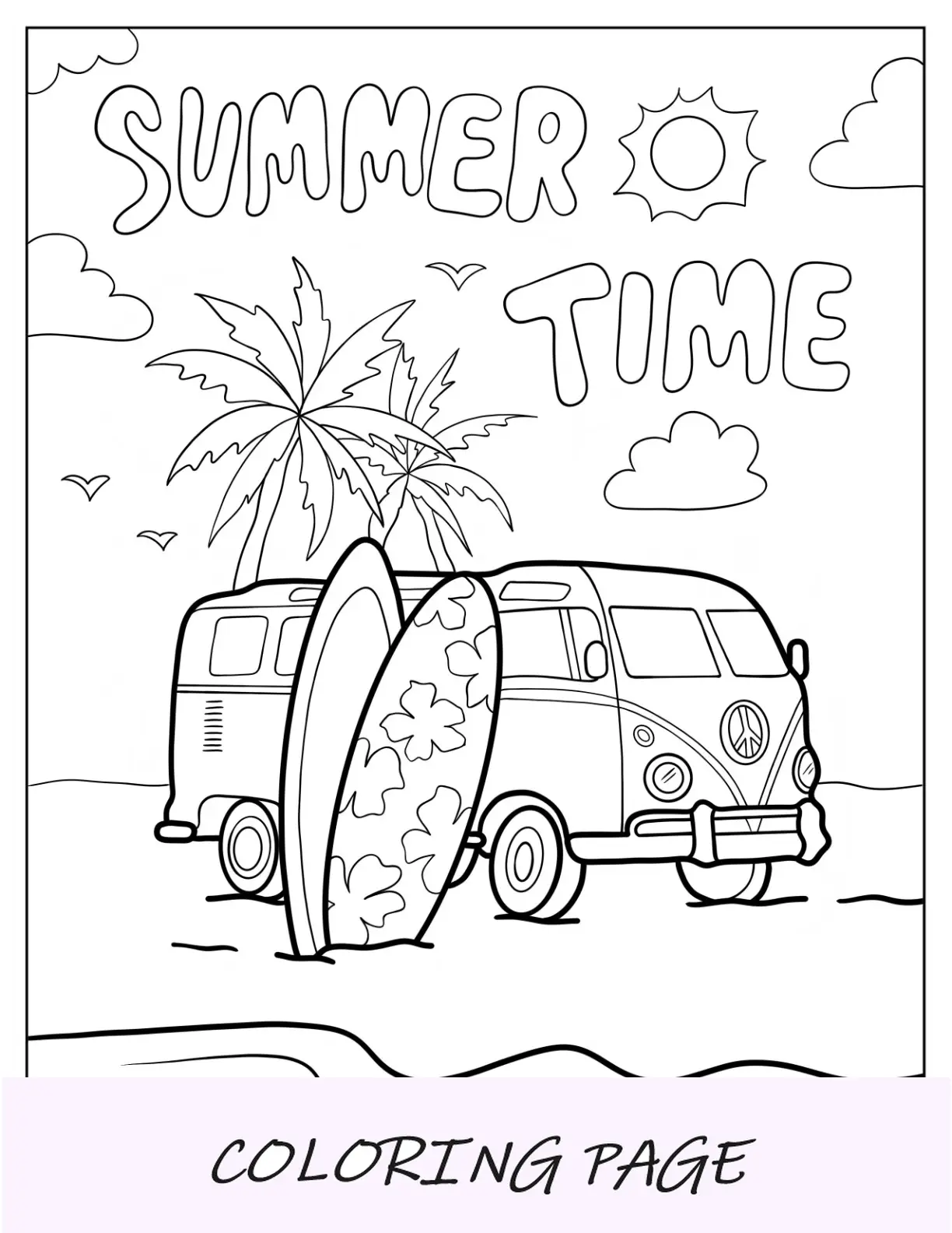Página para colorear de verano del tiempo Volkswagen Van con tablas de surf