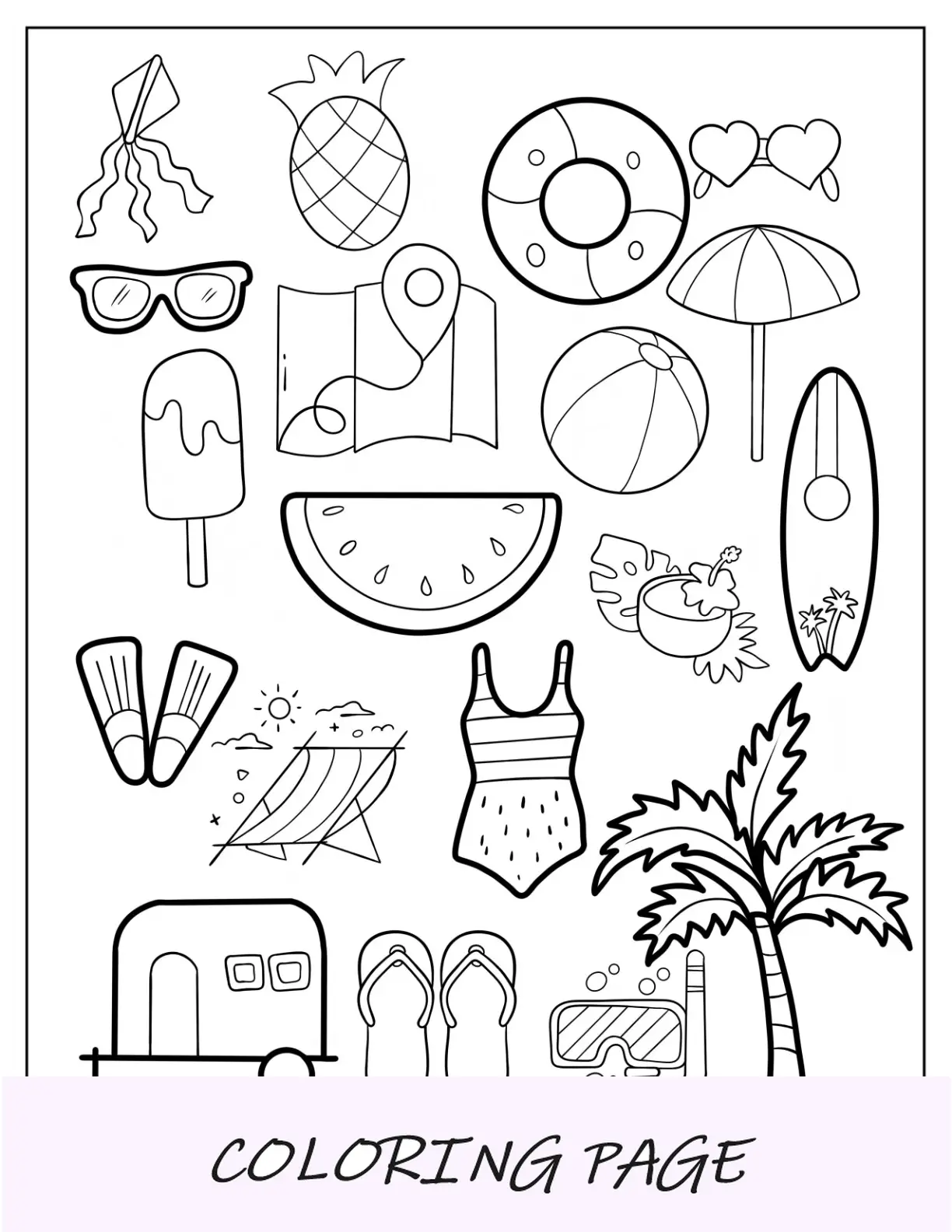 Página para colorear de esquema sencillo de elementos de verano para niños