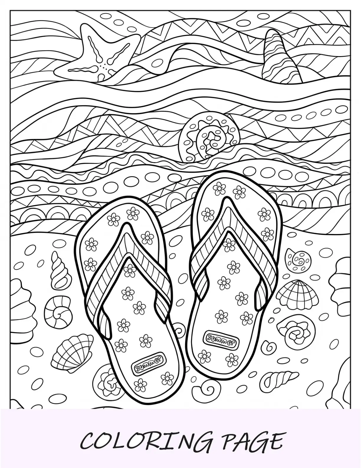 Intrincadas Chanclas En La Orilla Con Conchas Marinas Mandala Página Para Colorear