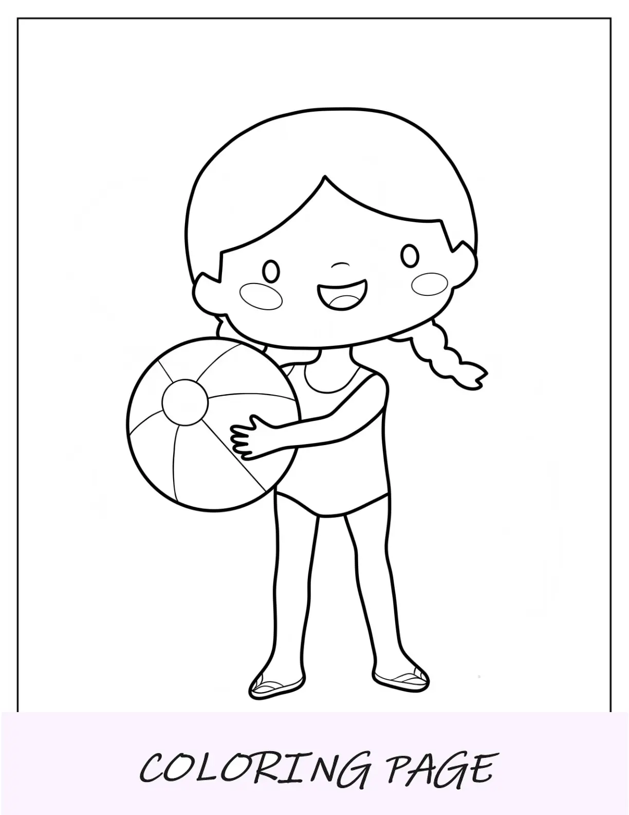 Página para colorear de verano de una linda niña sosteniendo una pelota de playa