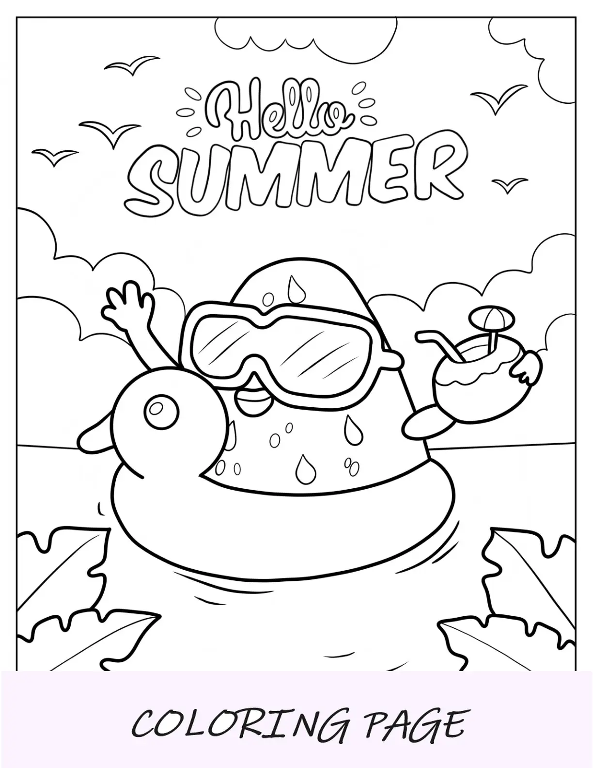 Página para colorear de verano de sandía de dibujos animados en pato flotador de playa