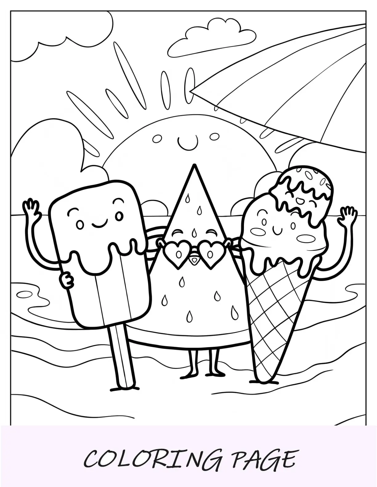 Página para colorear de verano de paletas de dibujos animados, sandía y helado en una playa