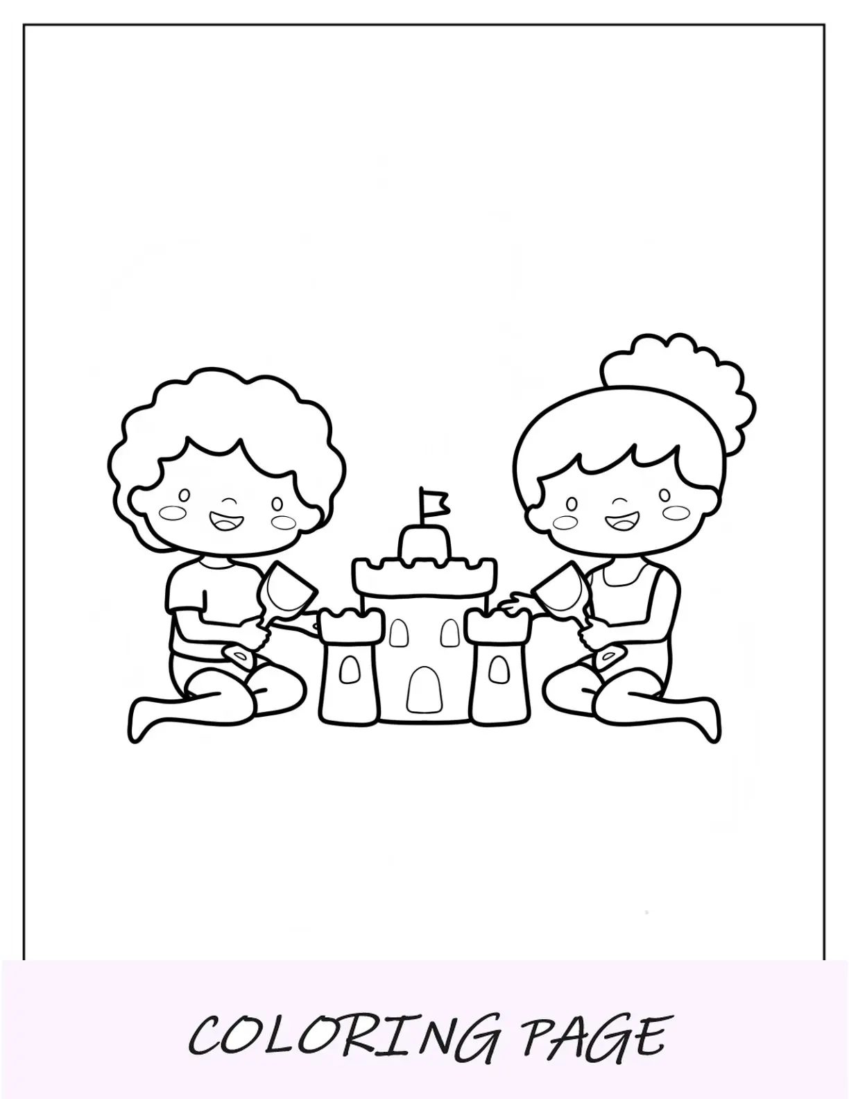 Página para colorear de verano de un niño y una niña haciendo castillos de arena