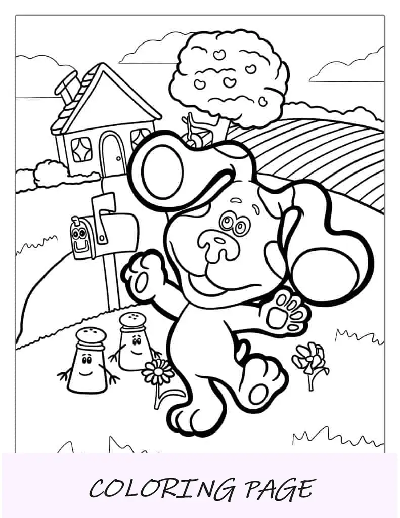 Página para colorir de Steve e Blue na frente da casa