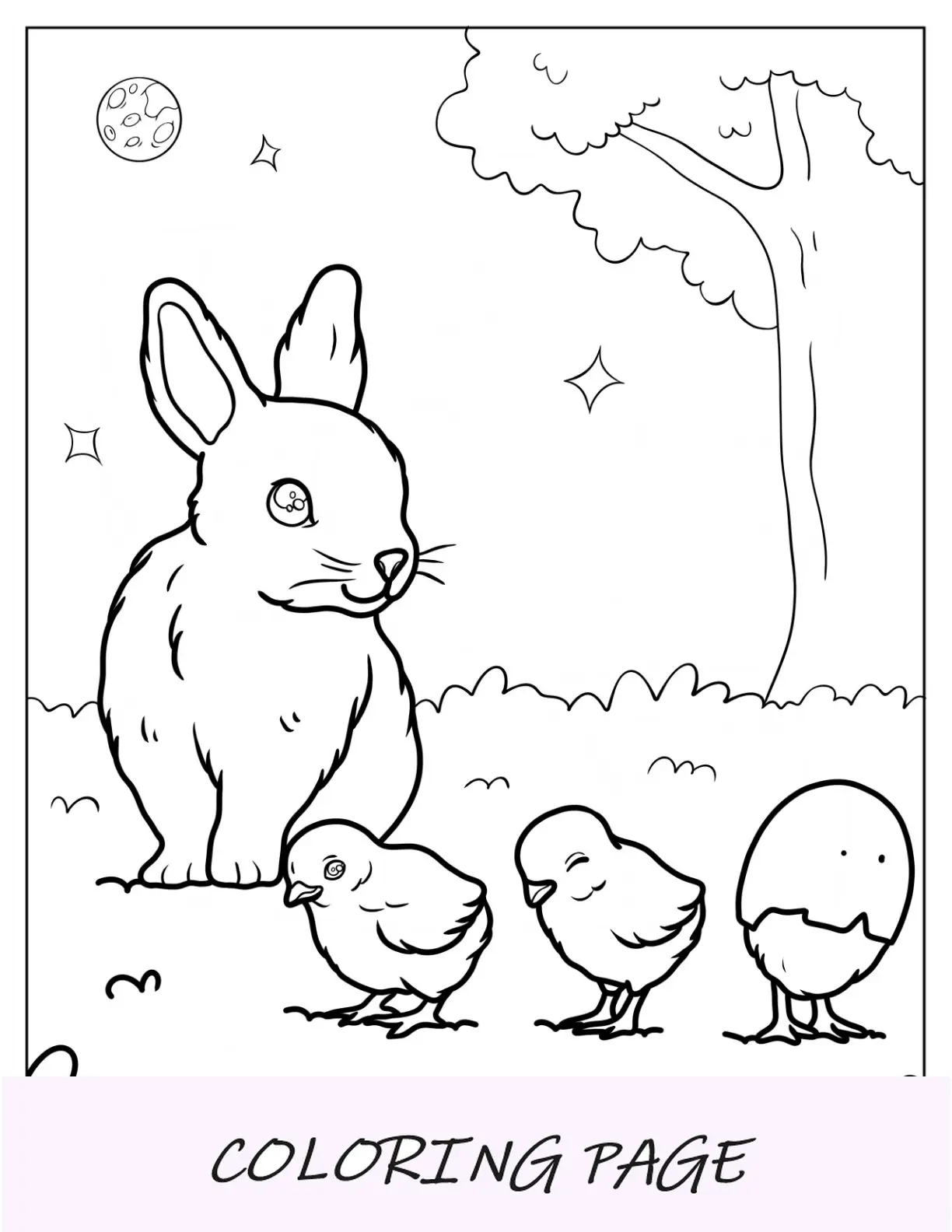 Página para colorir de animais fofos de coelho observando patinhos