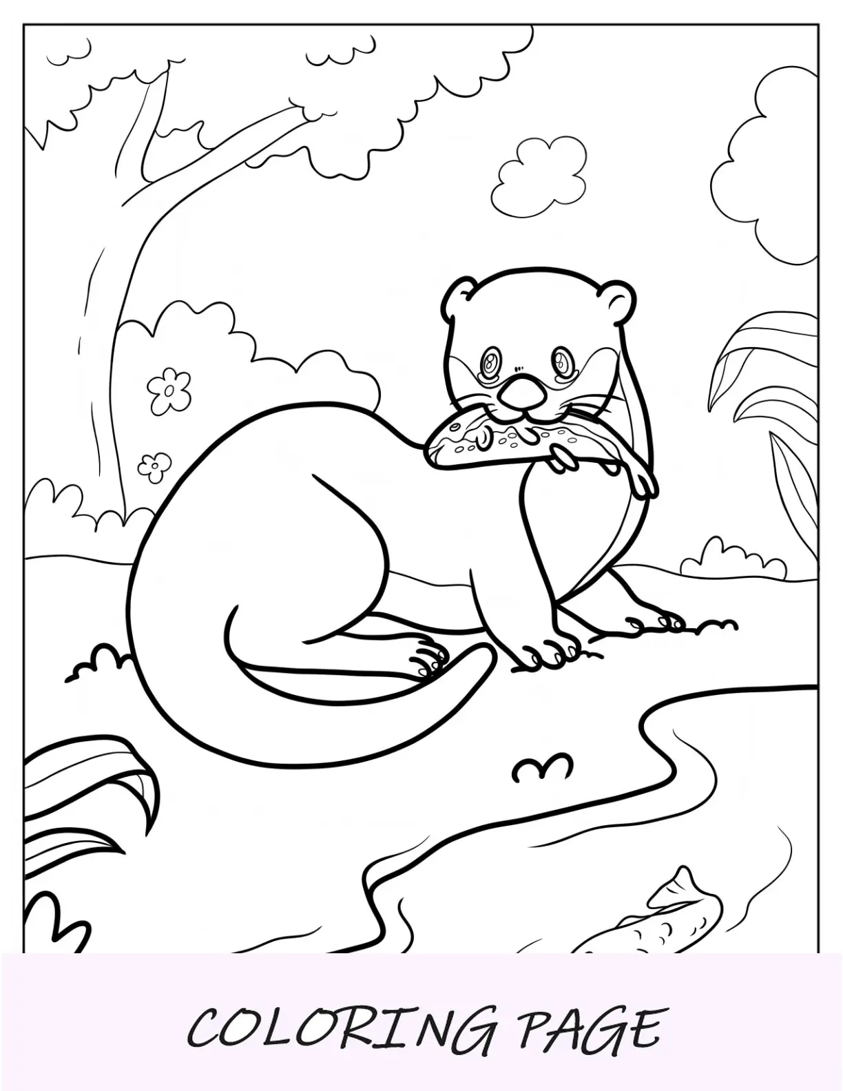 Página para colorir de animais fofos de lontra pegando um peixe