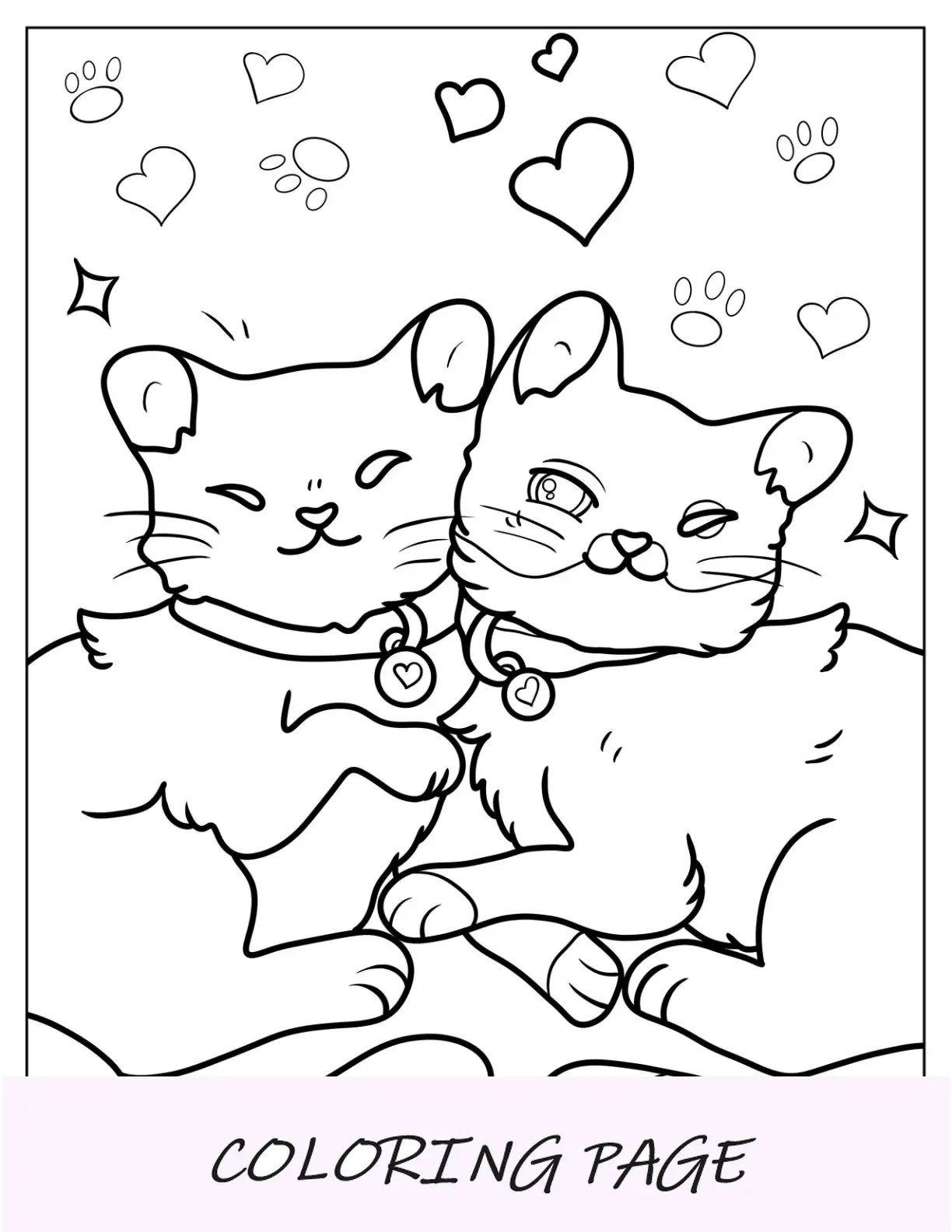 Página para colorir de animais fofos de gatos Kawaii abraçando para crianças