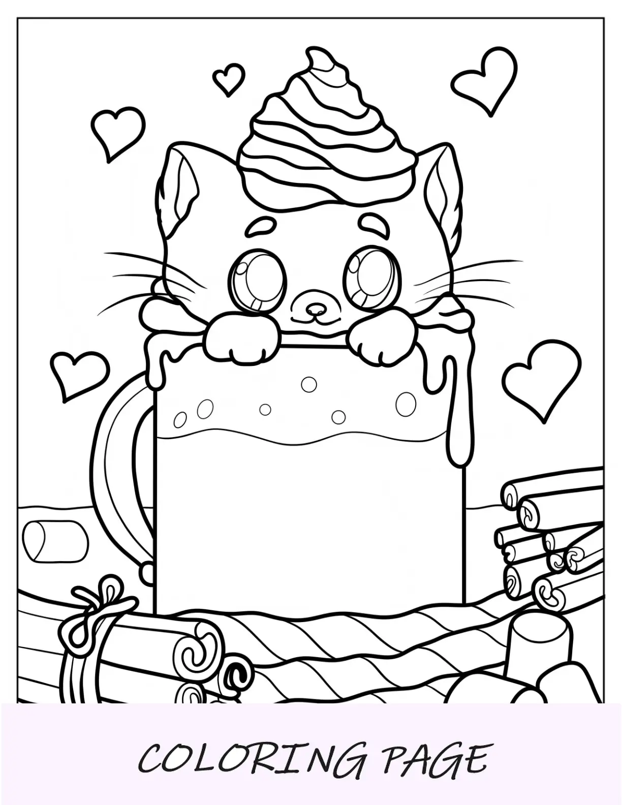 Página para colorir de animais fofos de gatinho dentro de copo com chantilly e paus de canela