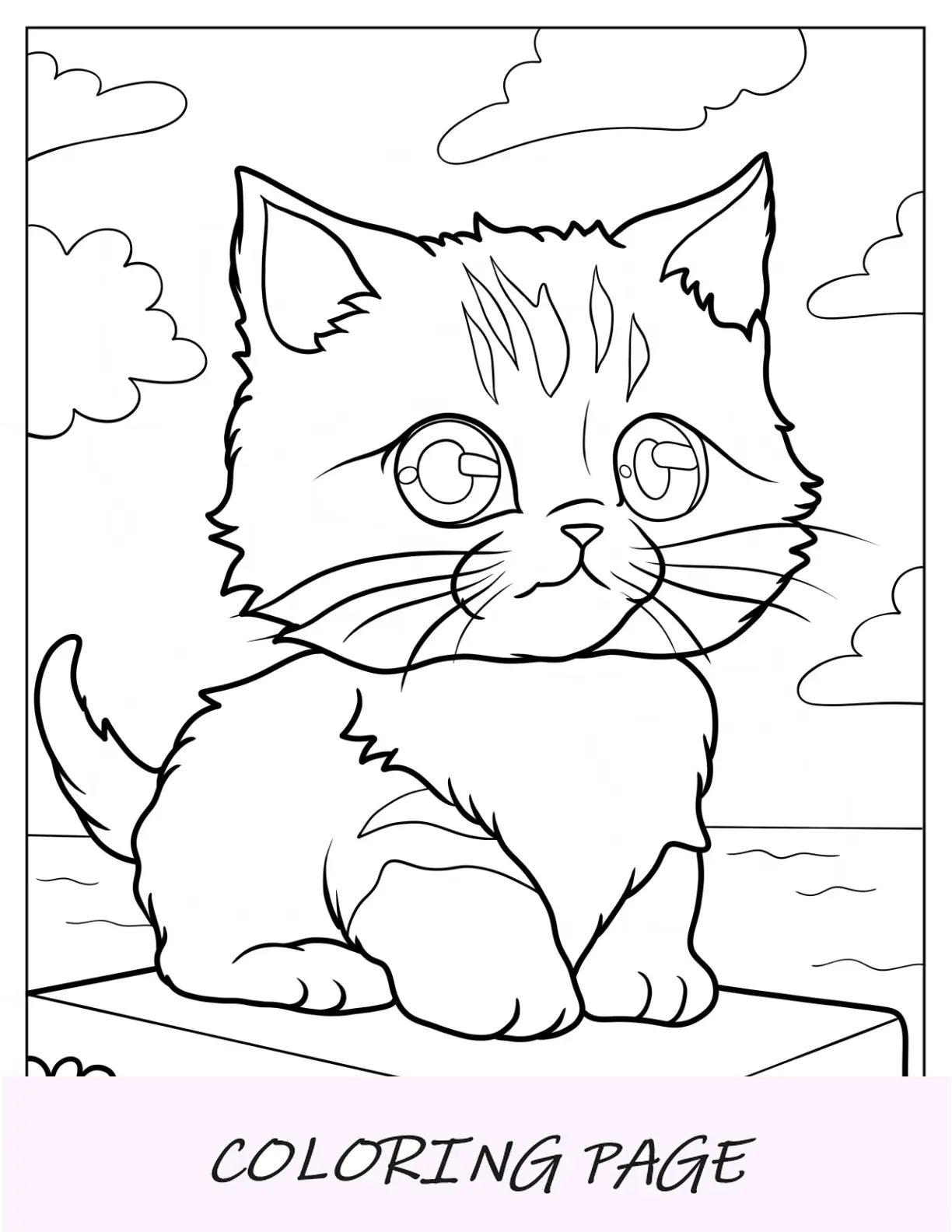 Página para colorir de animais fofos do gato Chibi olhando para o mar para crianças
