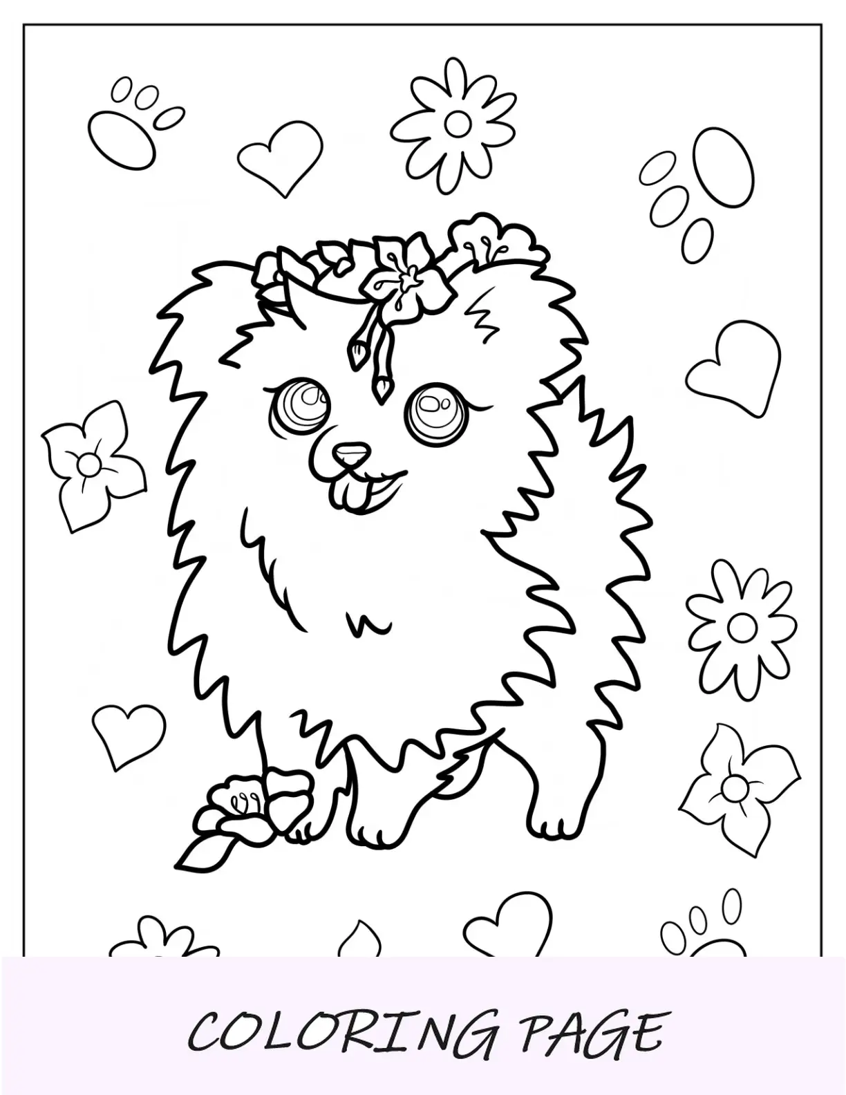 Página para colorir de animais fofos de cachorrinho com coroa de flores
