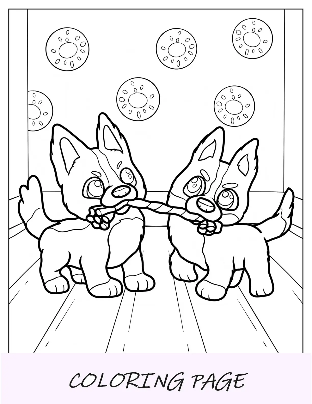 Desenho de animais fofos para colorir de cachorrinhos brincando de cabo de guerra