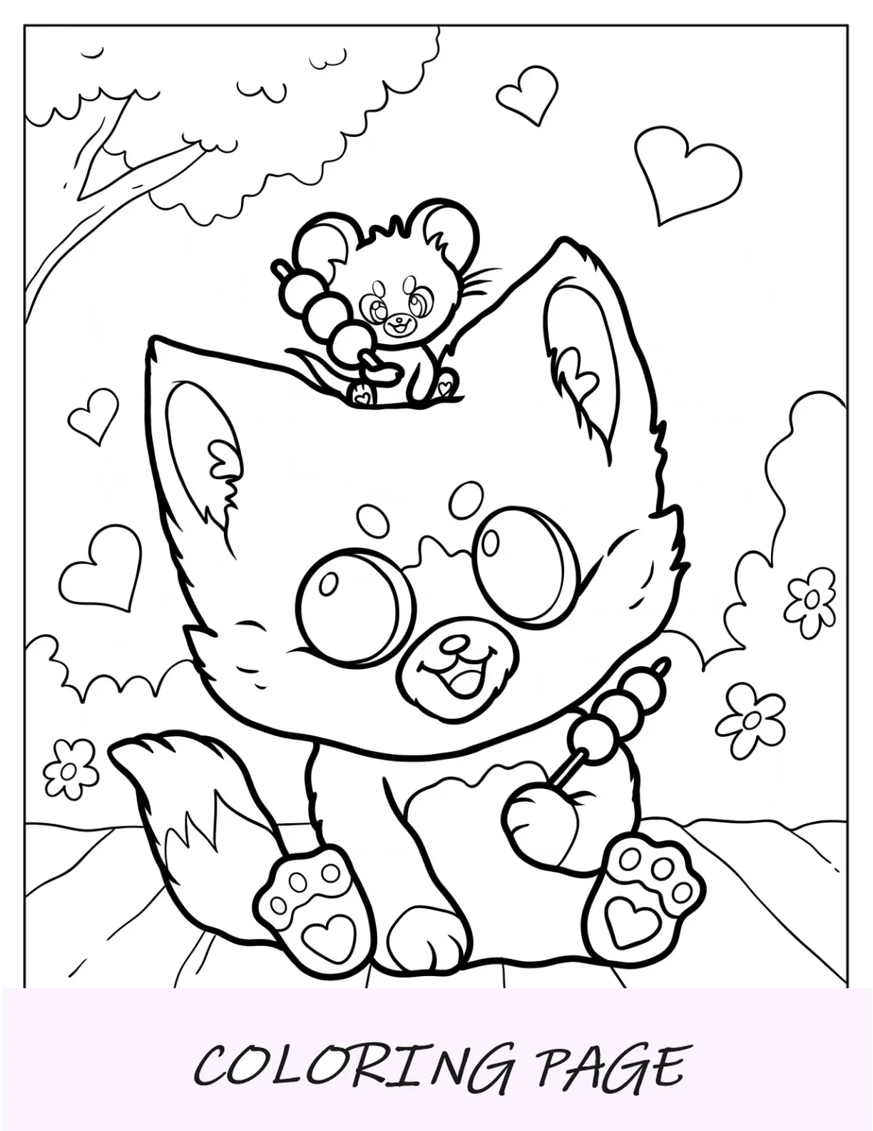 Página para colorir de animais fofos de ratinho comendo bolinhos com um gato grande