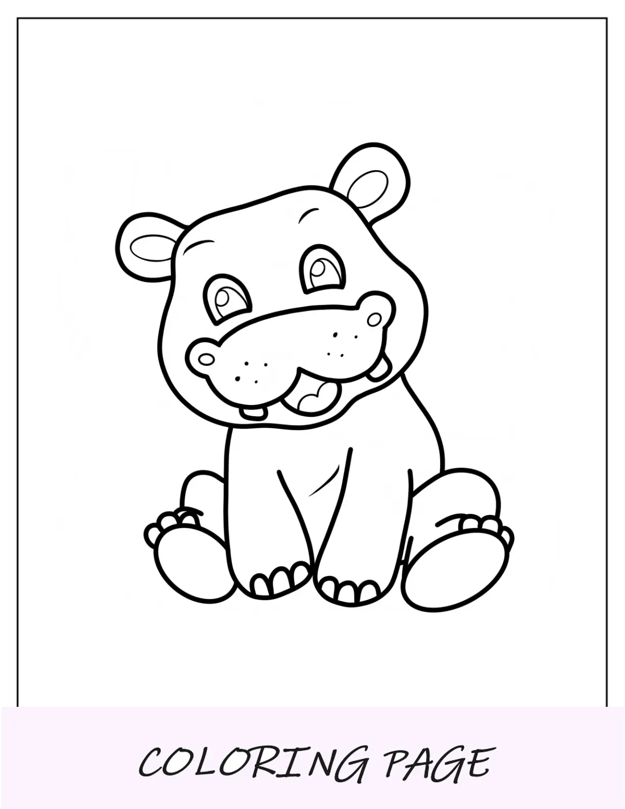 Página para colorir de animais fofos de hipopótamo sentado com um grande sorriso