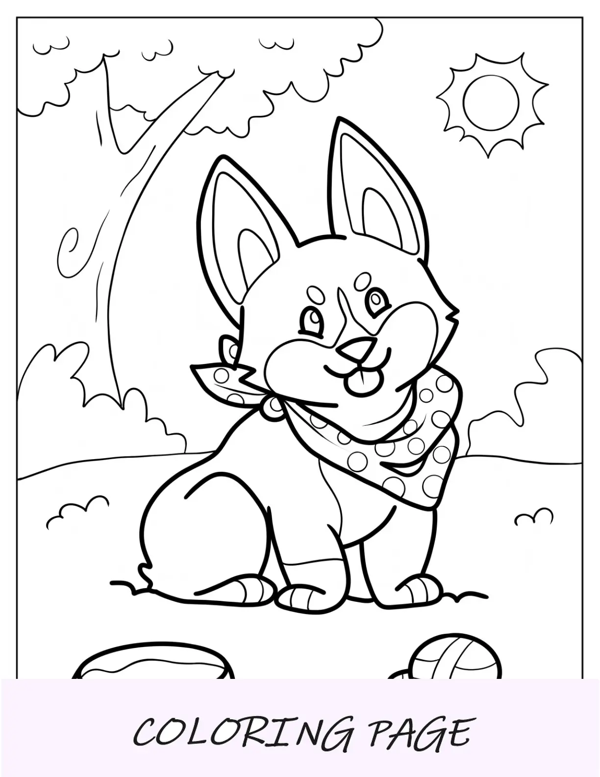 Página para colorir de animais fofos de Corgi usando um lenço de bolinhas