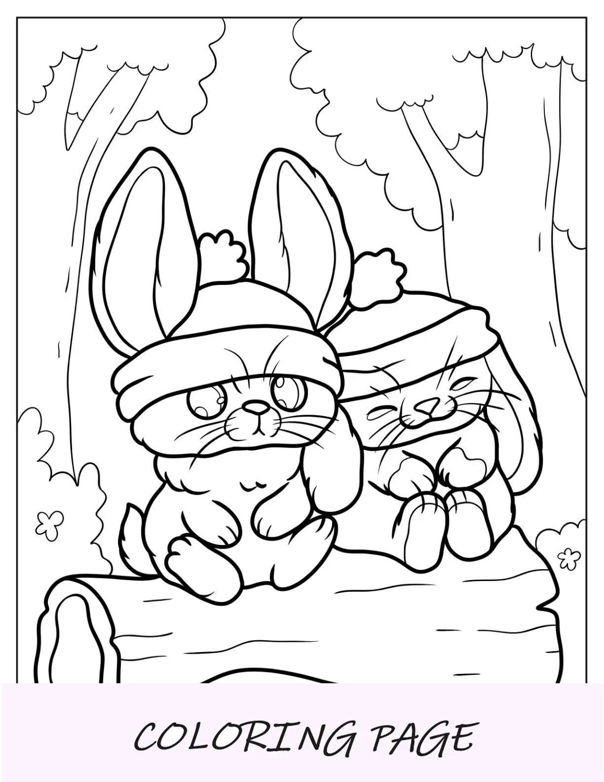 Página para colorir de animais fofos de coelhinhos usando gorros