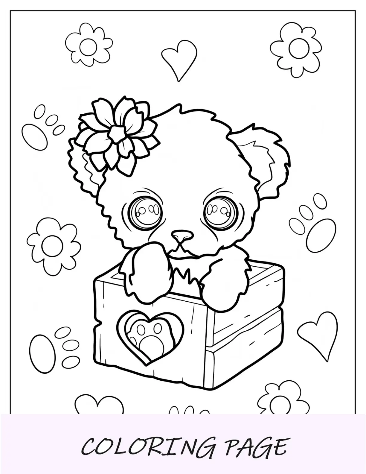 Desenho de animais fofos para colorir de cachorrinho fácil dentro de uma caixa para crianças