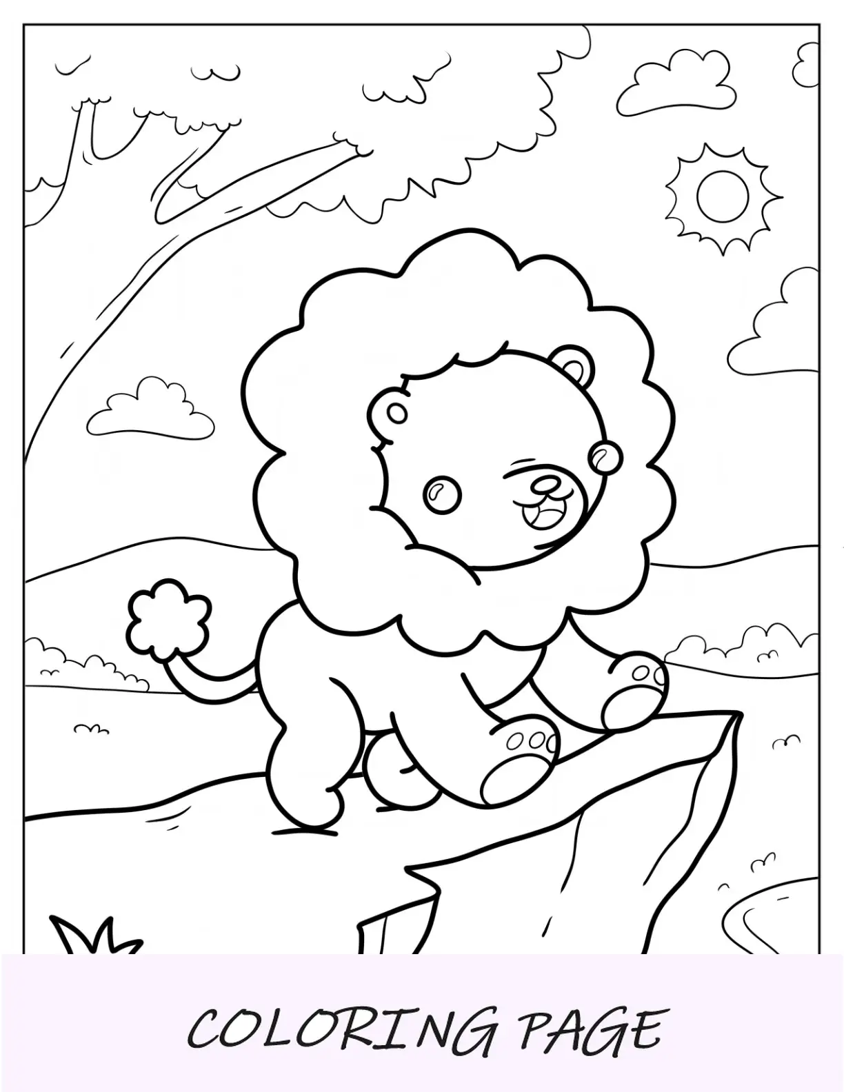 Página para colorir de animais fofos de um leão em pé em um penhasco