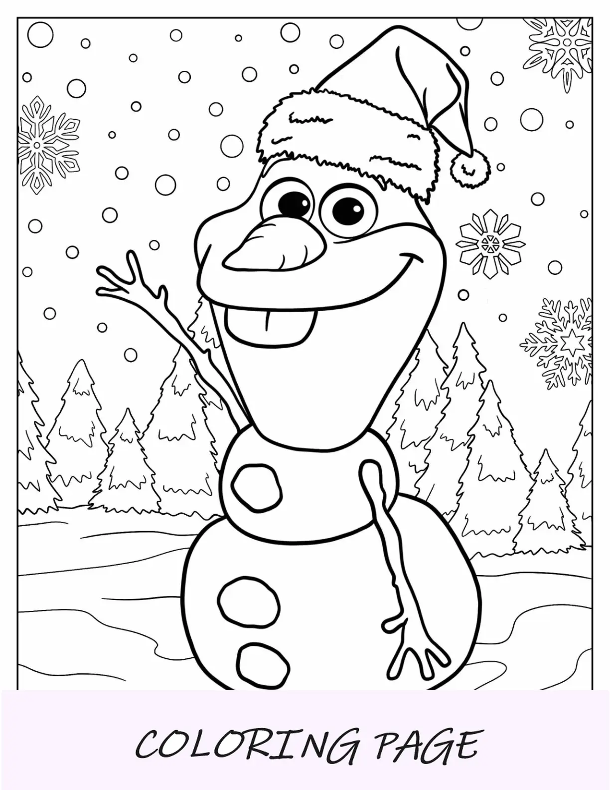 Página para colorir de Natal da Disney com o lindo Olaf acenando em uma paisagem nevada de Natal