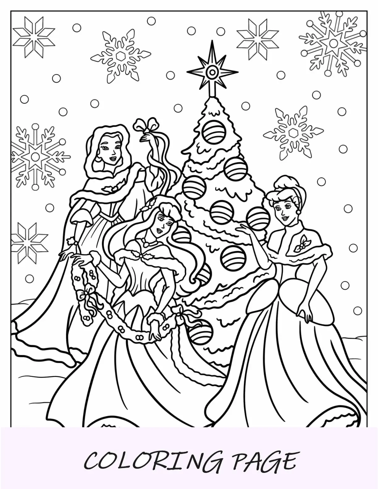 Página para colorir de Natal da Disney com Bela, Cinderela e Aurora decorando a árvore de Natal