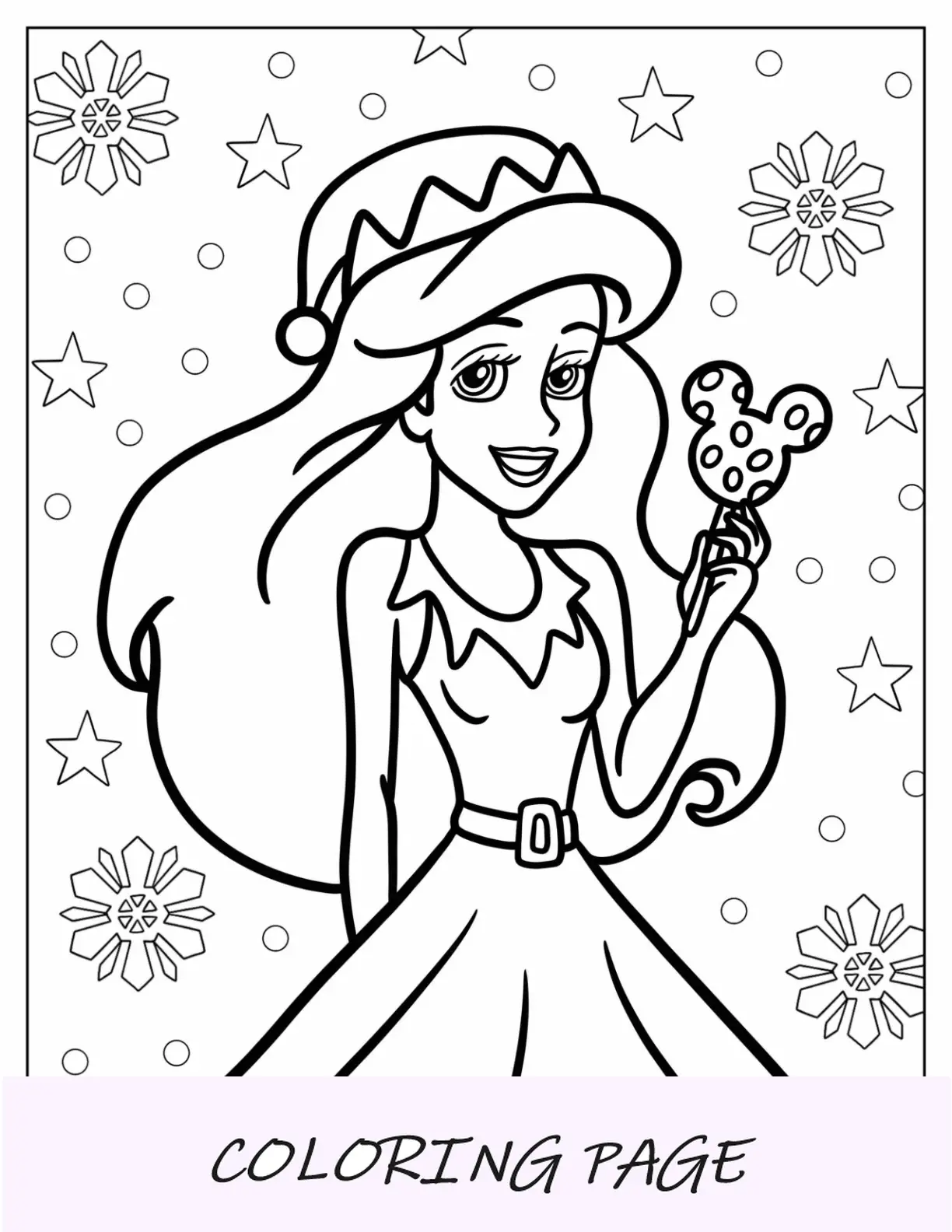 Página para colorir de Natal da Disney com Ariel segurando o pirulito do Mickey Mouse no Natal