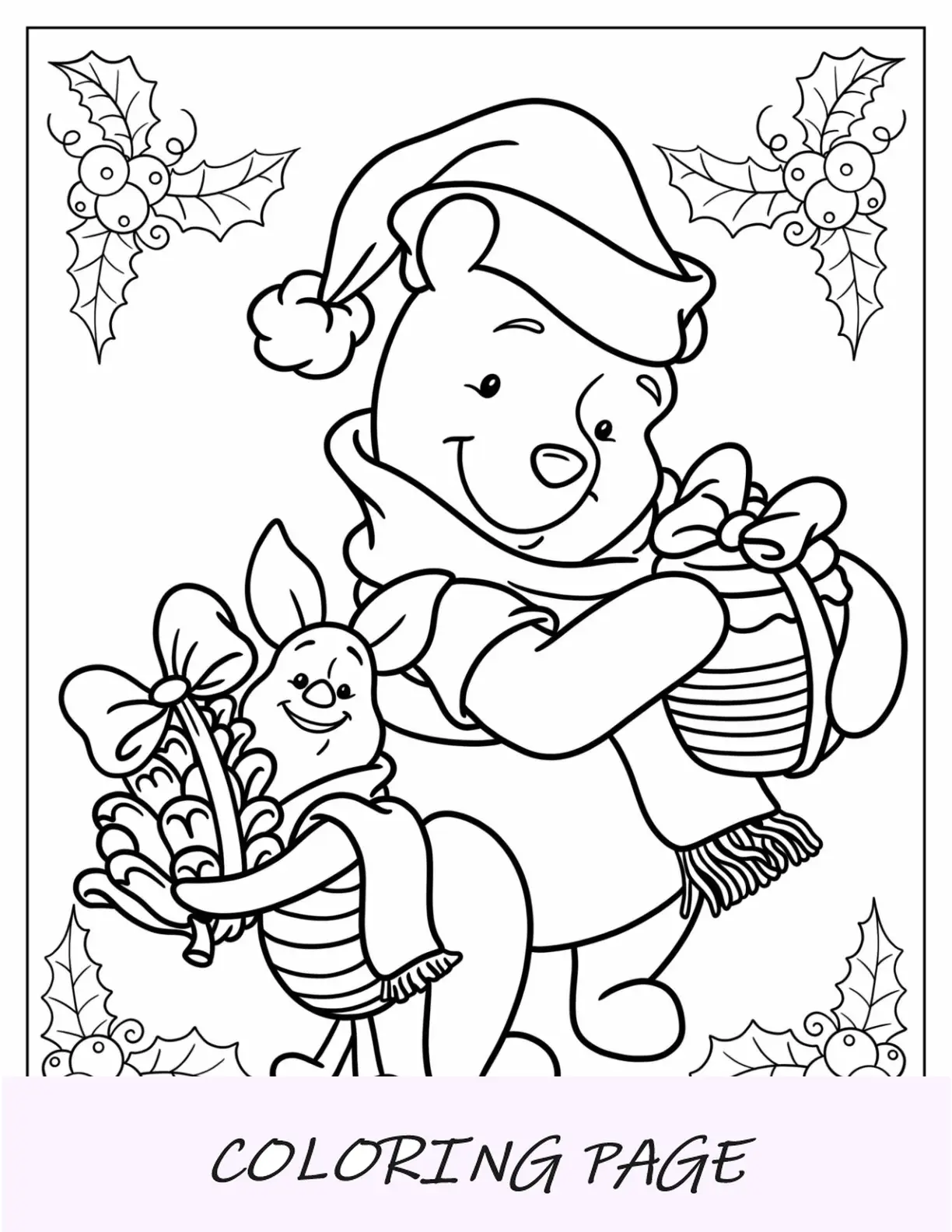 Página para colorir de Natal da Disney com o Ursinho Pooh e o Leitão segurando presentes com laço para crianças