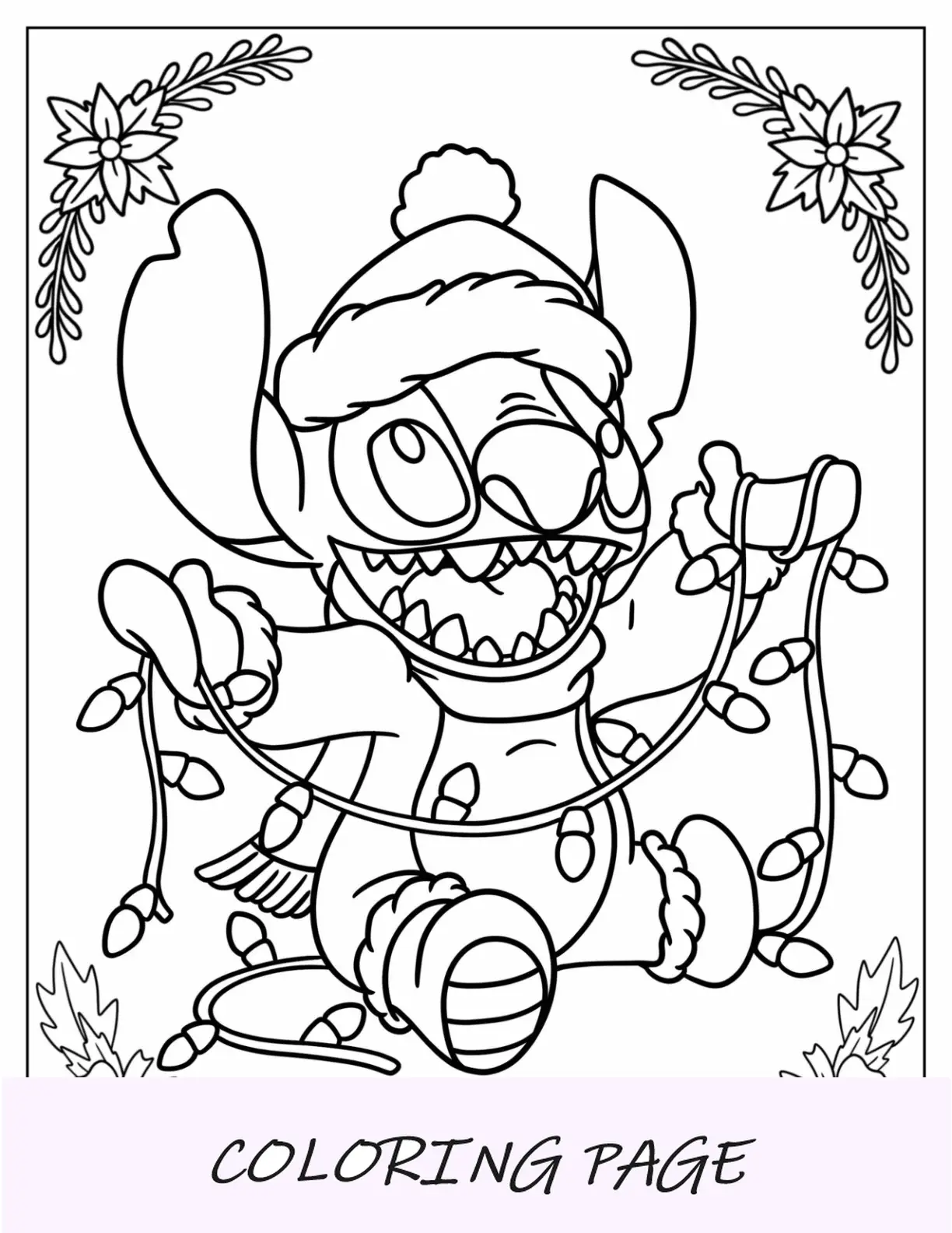 Página para colorir de Natal da Disney com Stitch segurando luzes de Natal