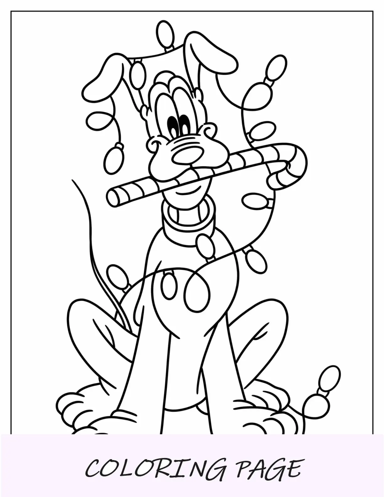 Página para colorir de Natal da Disney de Plutão emaranhado em luzes de Natal e bengala de doce mordente