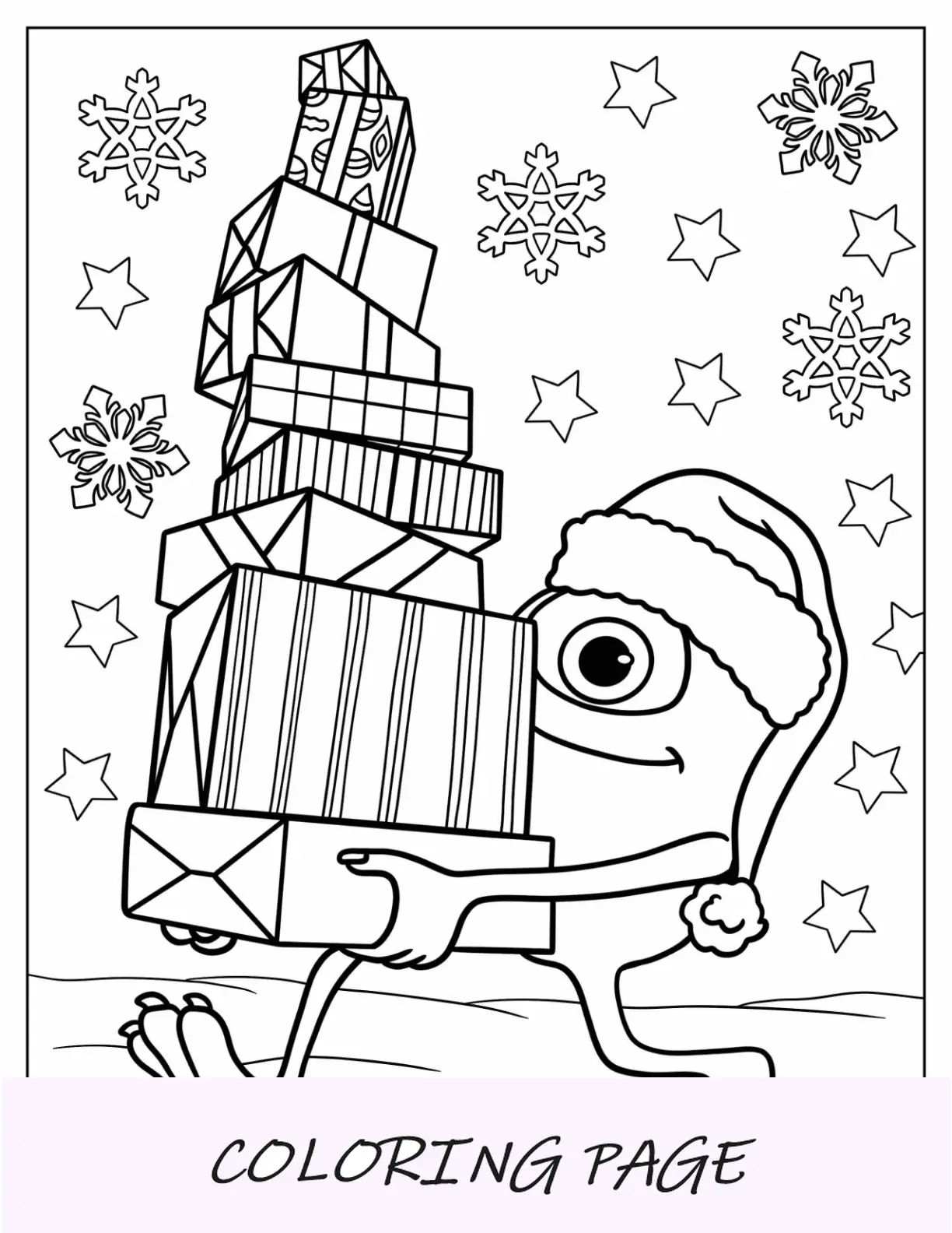 Página para colorir de Natal da Disney de Monsters Inc Mike Wazowski carregando presentes de Natal