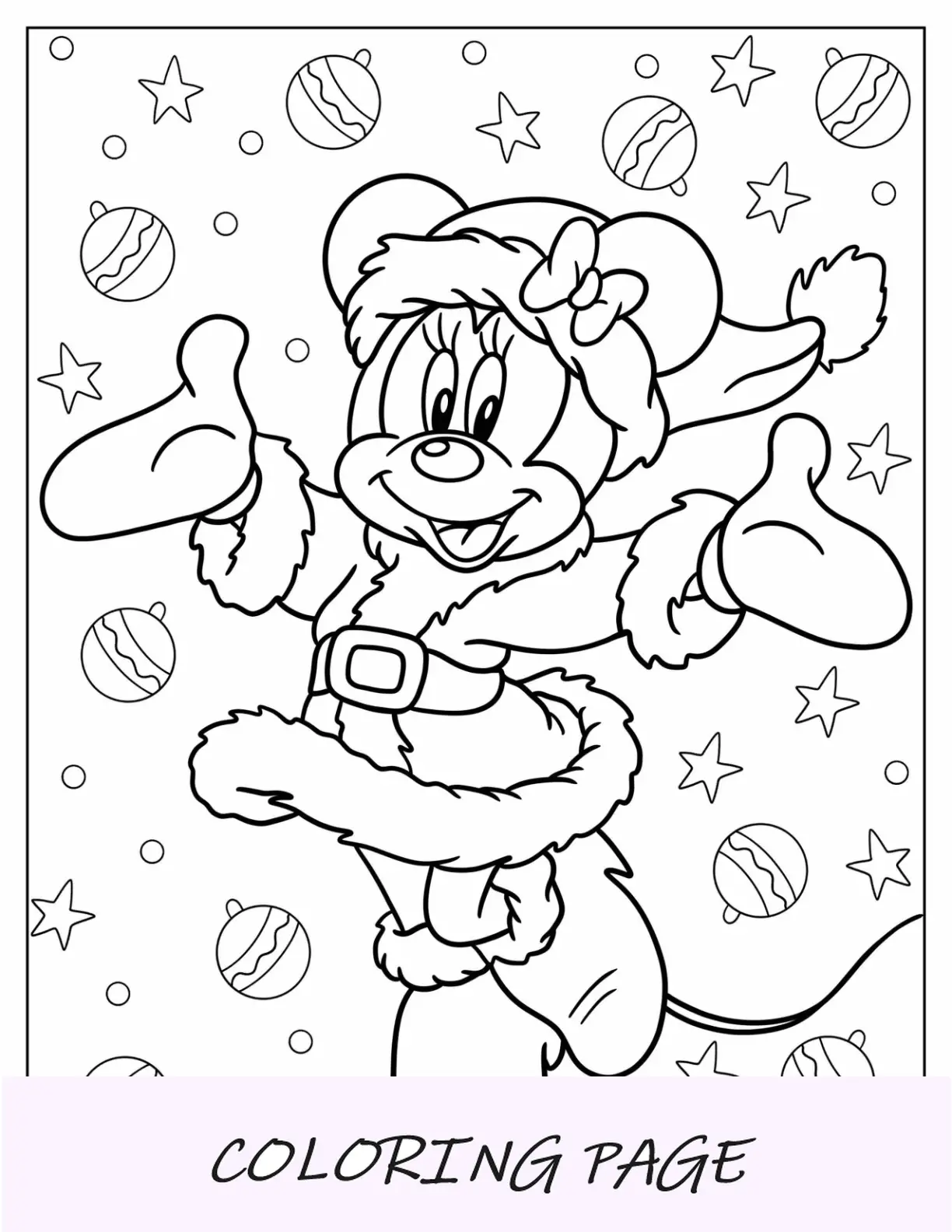 Página para colorir de Natal da Disney com Minnie Mouse em linda roupa de Papai Noel para crianças