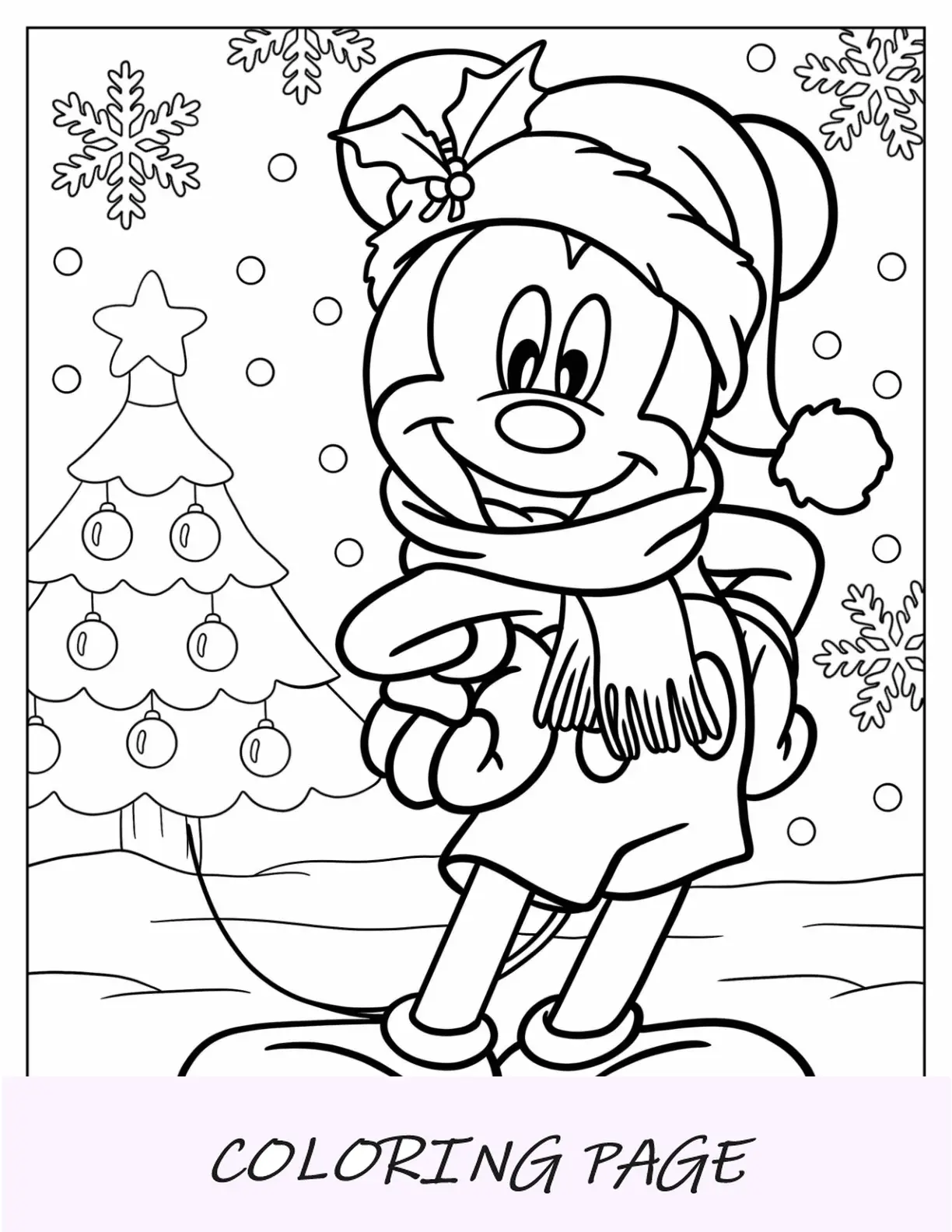 Página para colorir de Natal da Disney com Mickey Mouse usando lenço e chapéu de Papai Noel no Natal