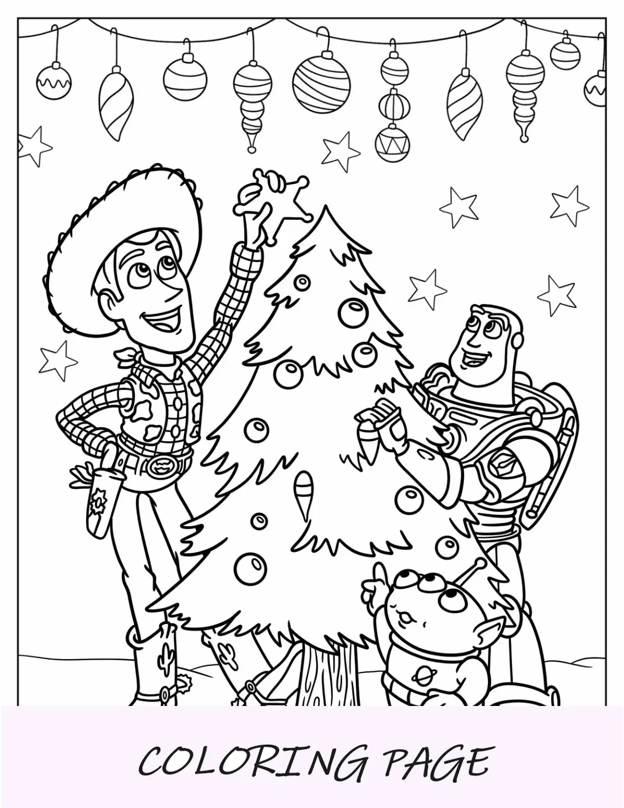 Página para colorir de Natal da Disney com Woody e Buzz Lightyear decorando árvore de Natal