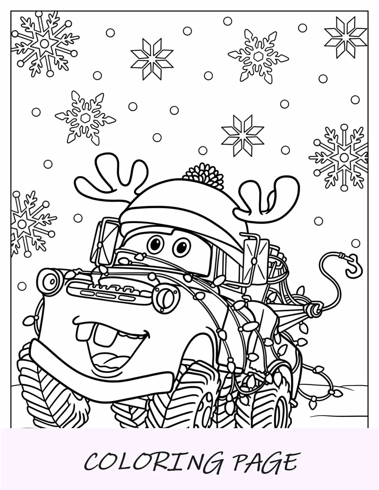 Página para colorir de Natal da Disney de Mater com chifres de rena e luzes de Natal