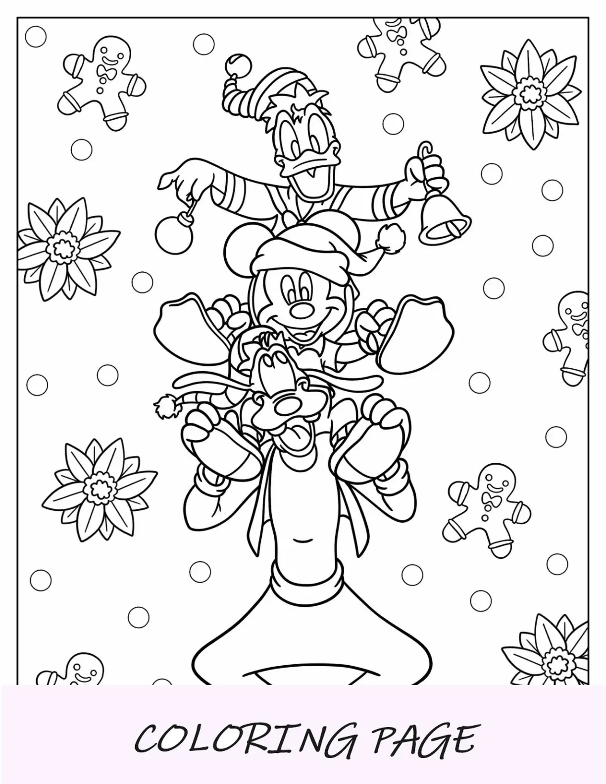 Página para colorir de Natal da Disney com Pateta, Mickey Mouse e Pato Donald se divertindo no Natal